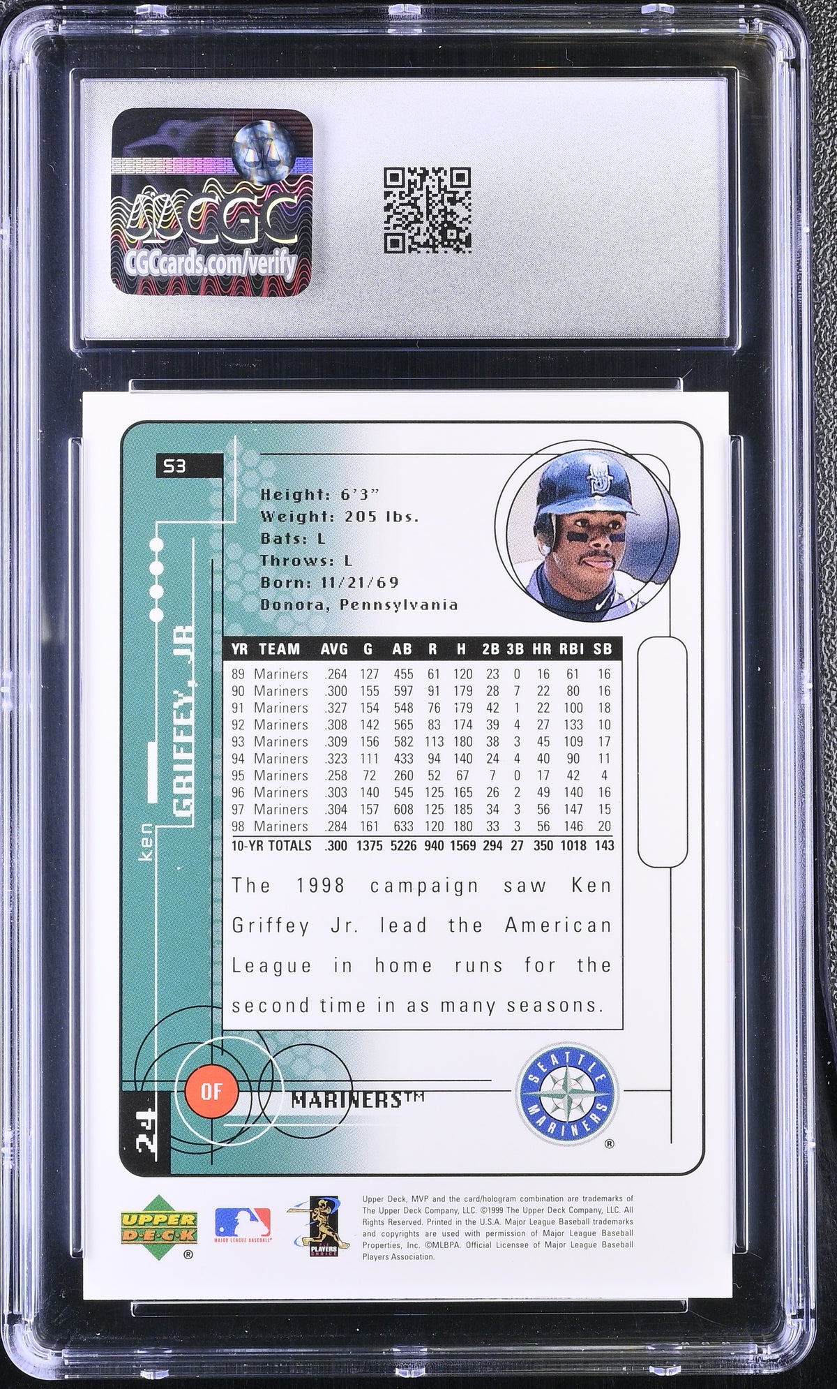 1999 Upper Deck MVP Ken Griffey Jr. Silver Script #53 CGC 9 Seattle Mariners