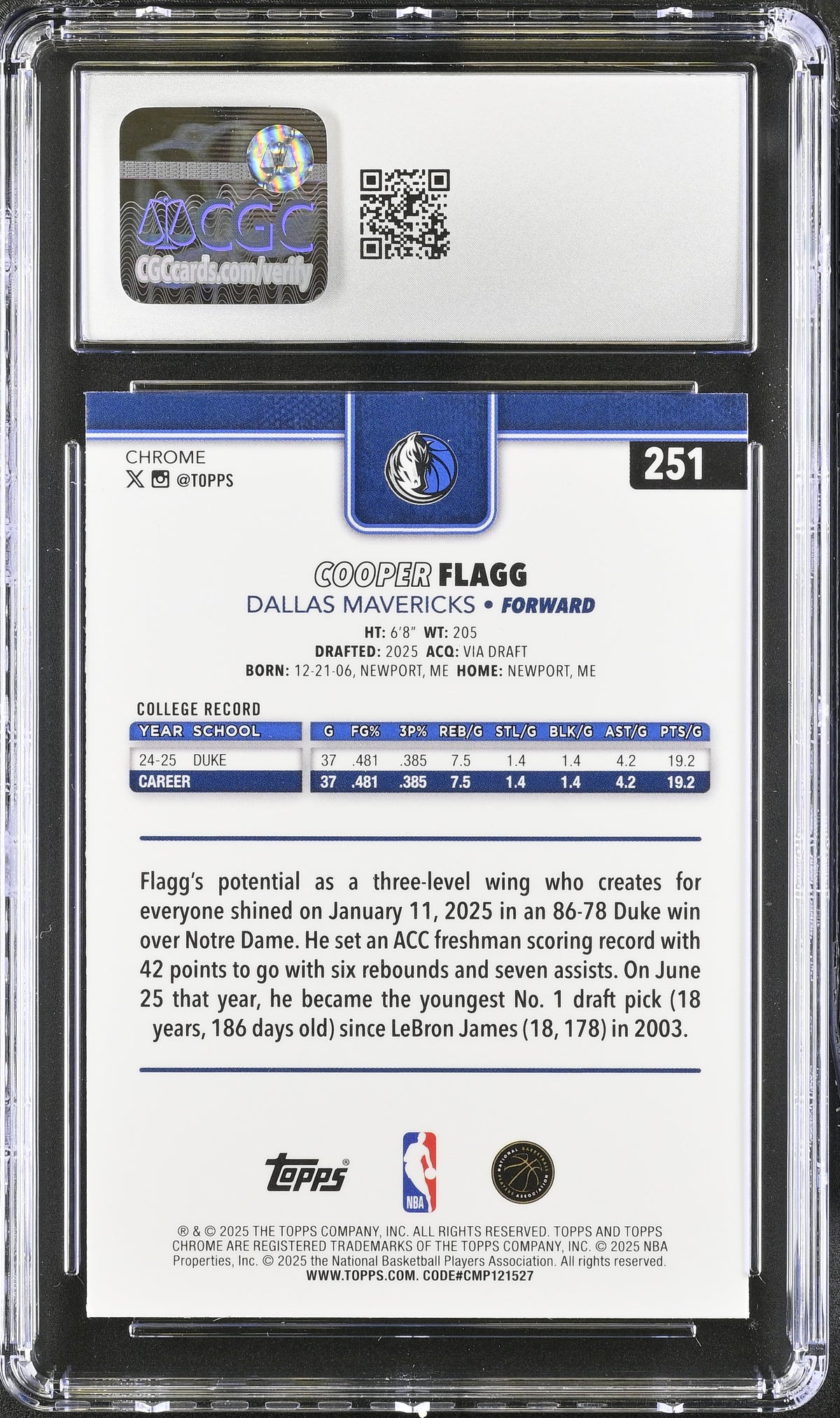 2025-26 Topps Chrome Cooper Flagg Rookie #251 CGC 9 Philadelphia 76ers