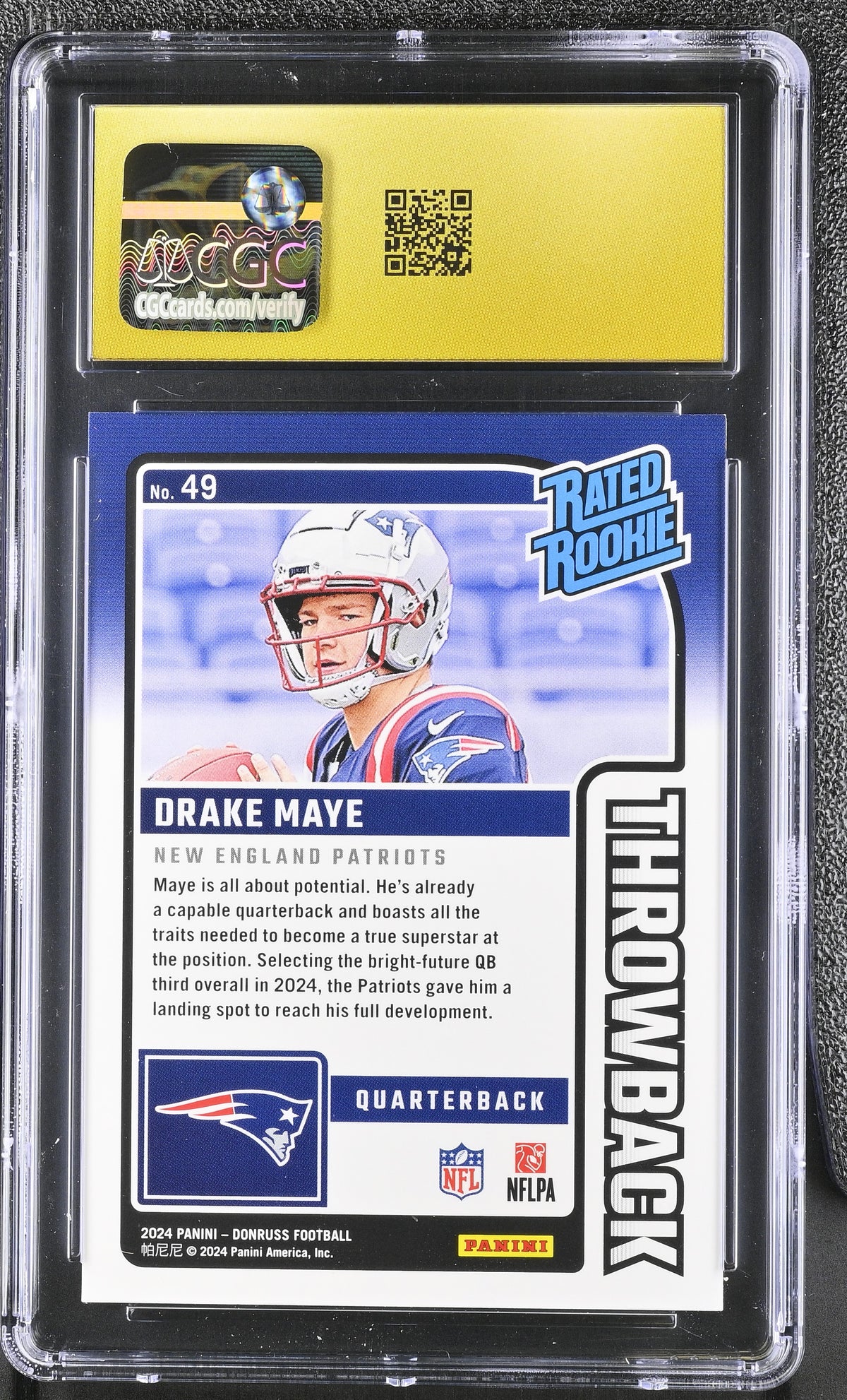 2024 Donruss Drake Maye Rated Rookies Throwback #49 CGC 10 Pristine Patriots