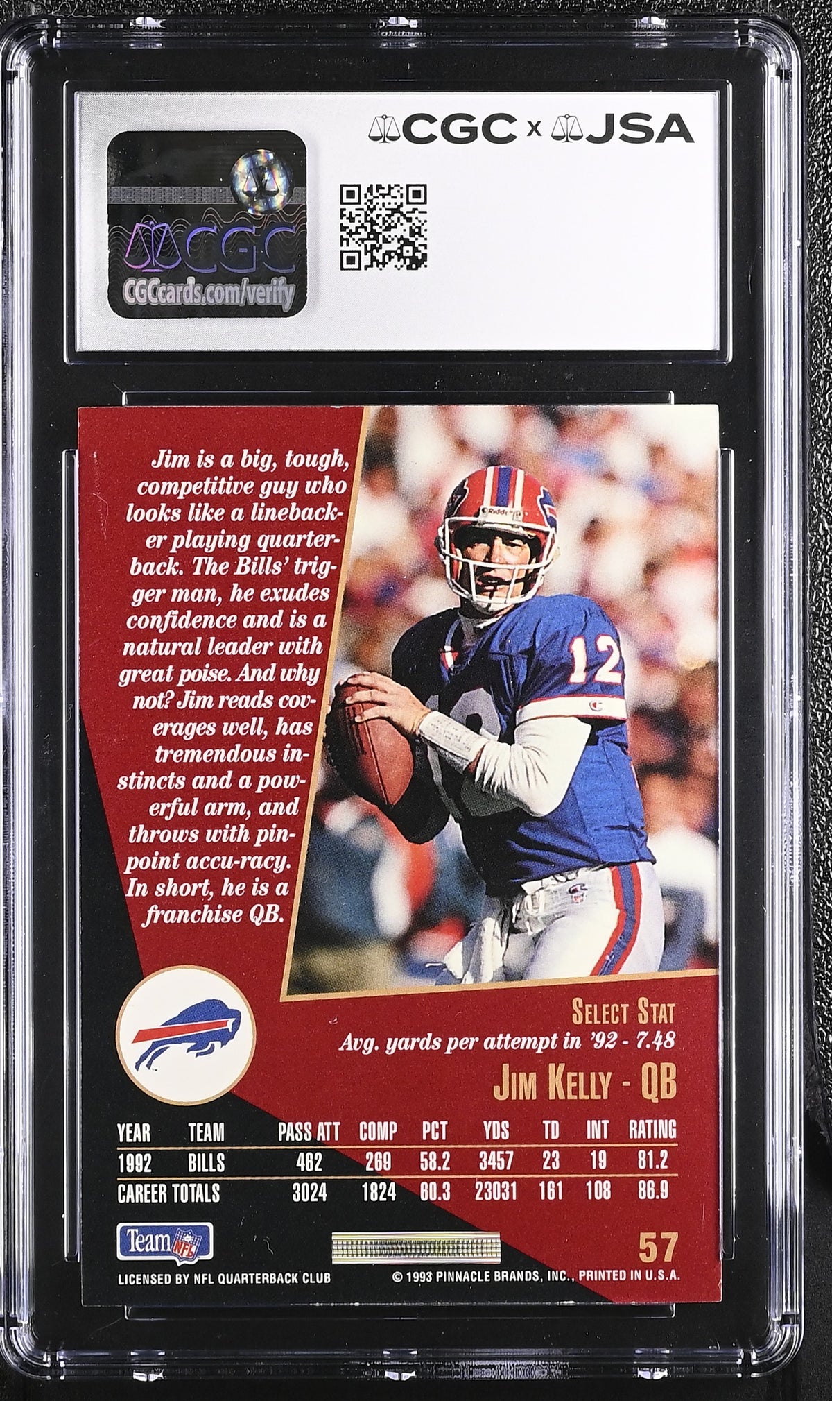 1993 Select Jim Kelly Auto Autograph #57 CGC Authentic JSA Buffalo Bills