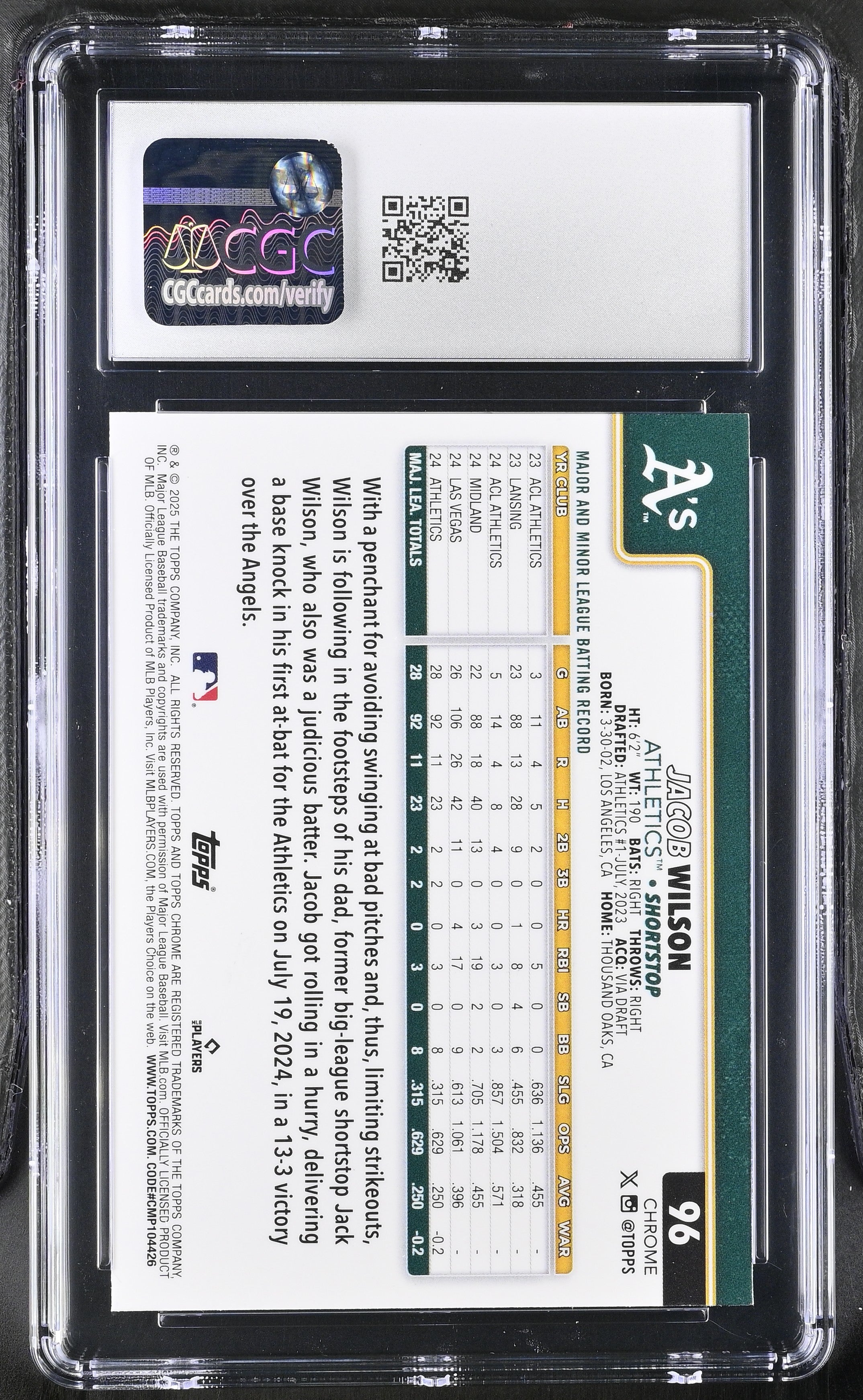 2025 Topps Chrome Jacob Wilson #96 CGC 10
