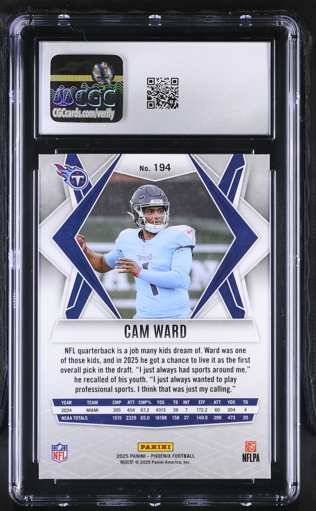 2025 Panini Phoenix Cam Ward Silver Hyper Rookie #194 CGC 9.5 Tennessee Titans