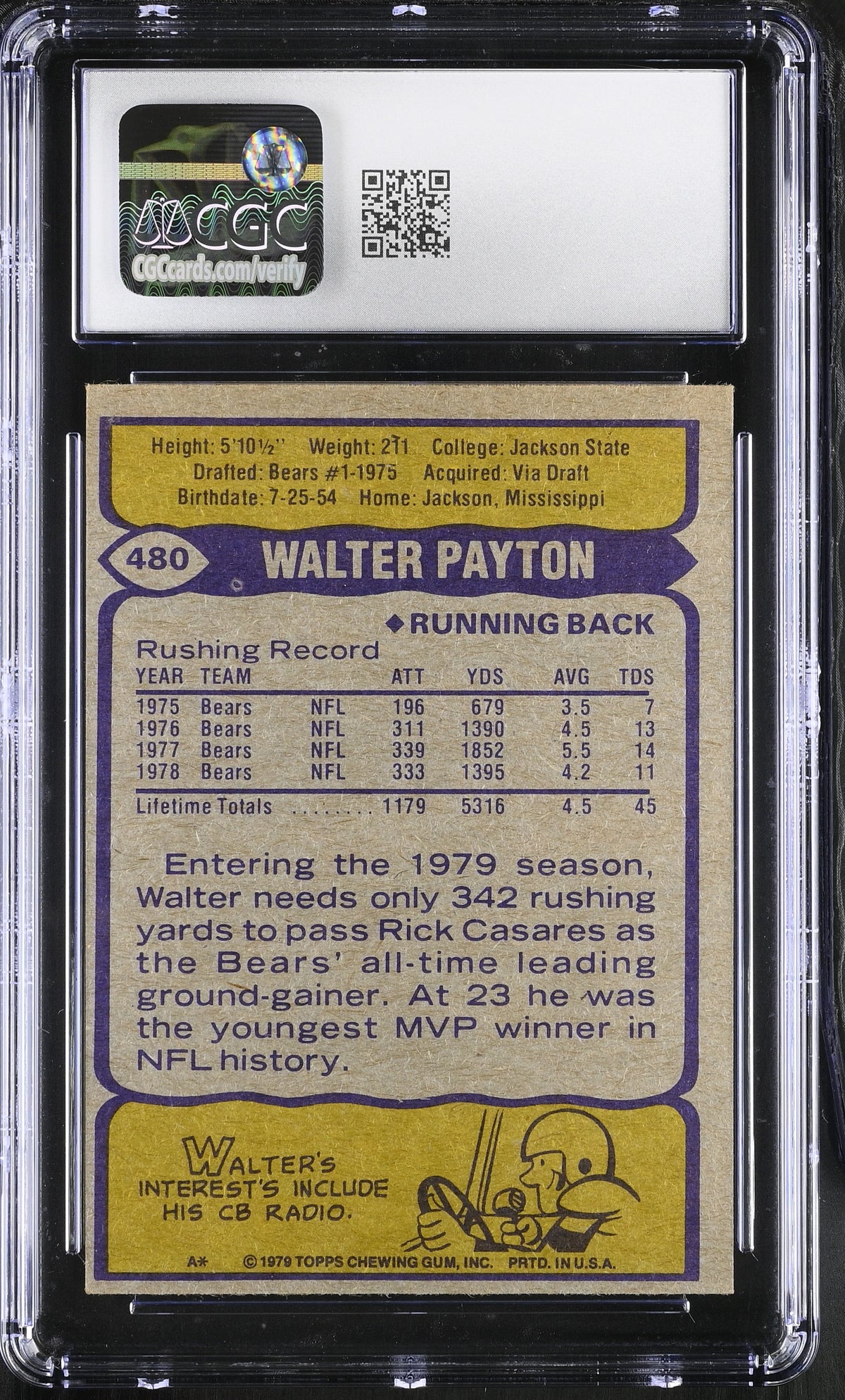 1979 Topps Walter Payton All Pro #480 CGC 7 Chicago Bears
