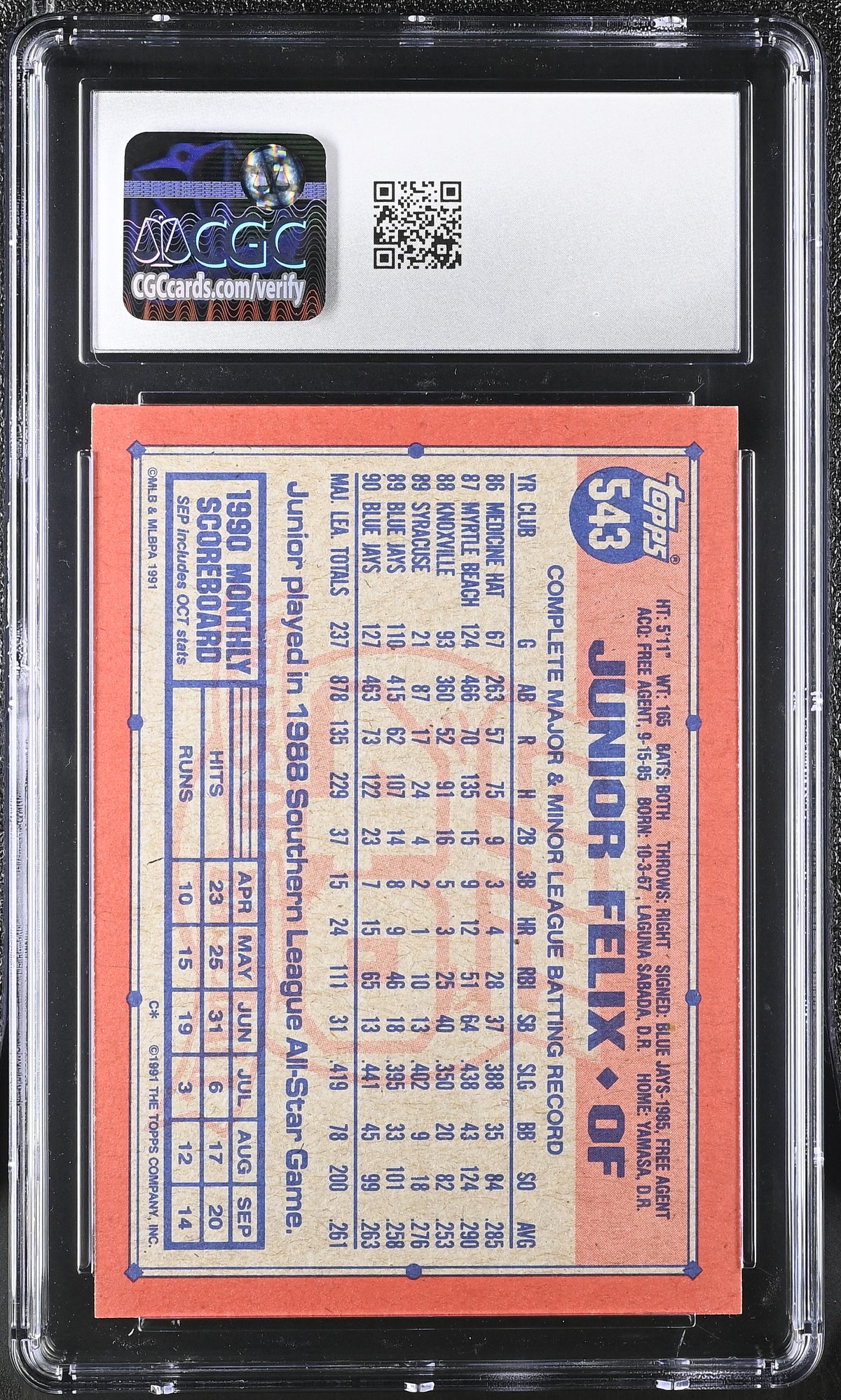 1991 Topps Desert Shield Junior Felix #543 CGC 9 Toronto Blue Jays