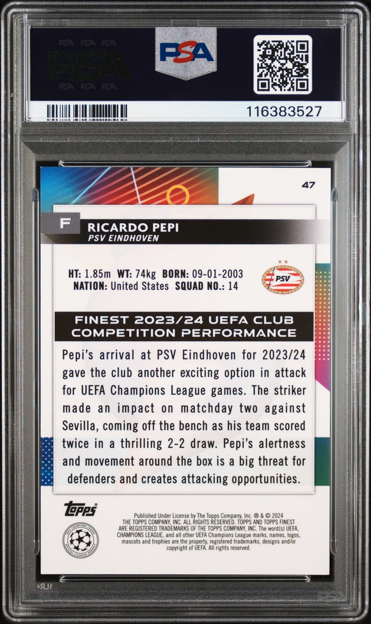 2023-24 Topps Finest UEFA Ricardo Pepi Red Black Vaporwave /10 #47 PSA 10 PSV