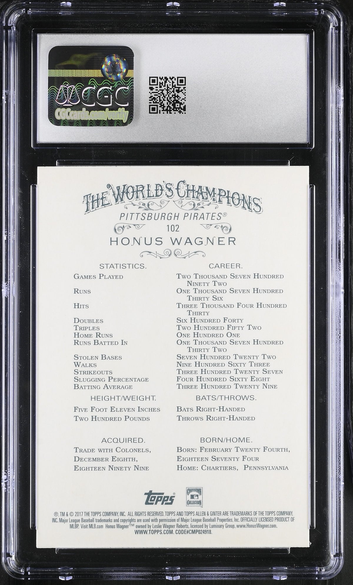 2017 Topps Allen & Ginter Honus Wagner #102 CGC 9.5