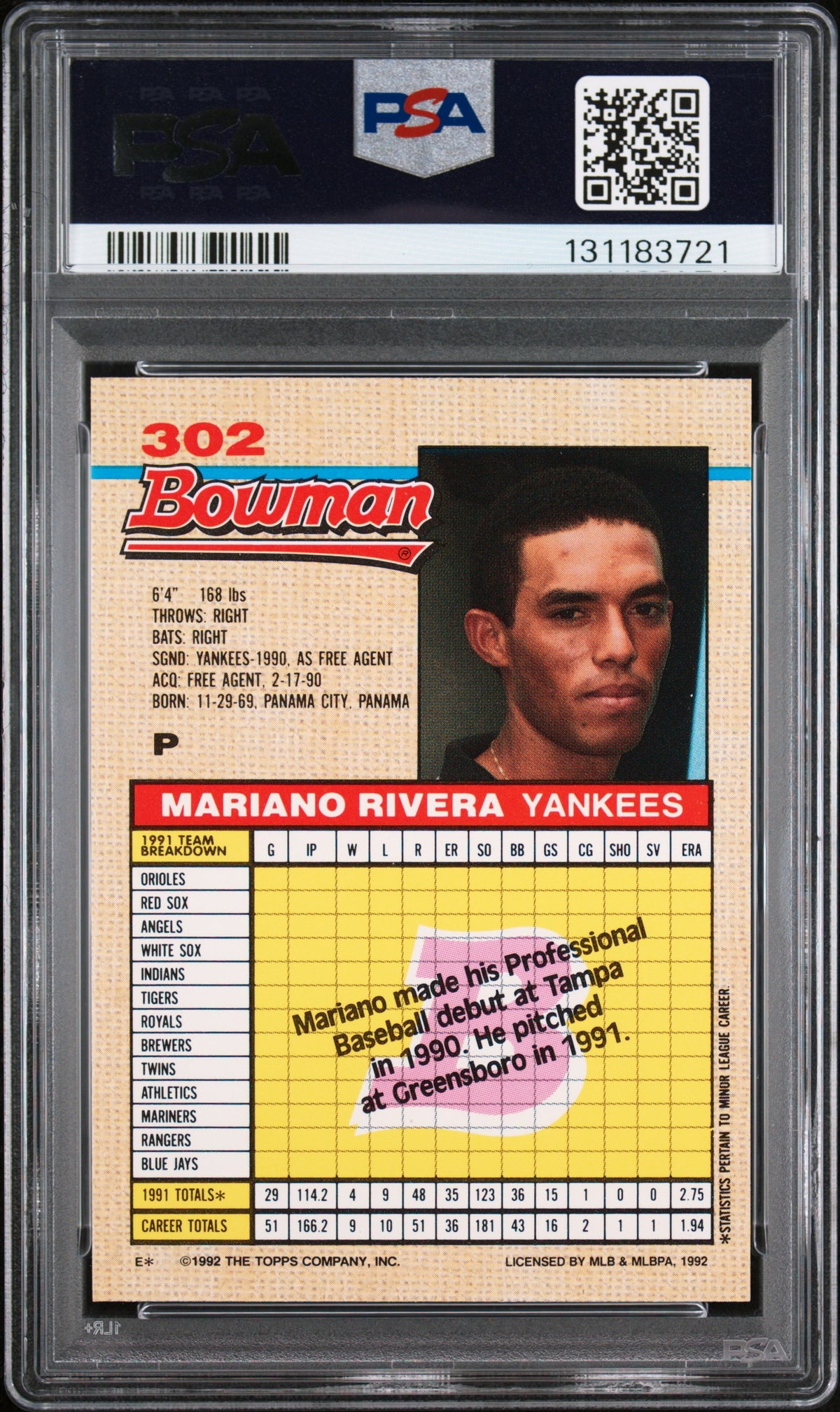 1992 Bowman Mariano Rivera Rookie #302 PSA 8 New York Yankees