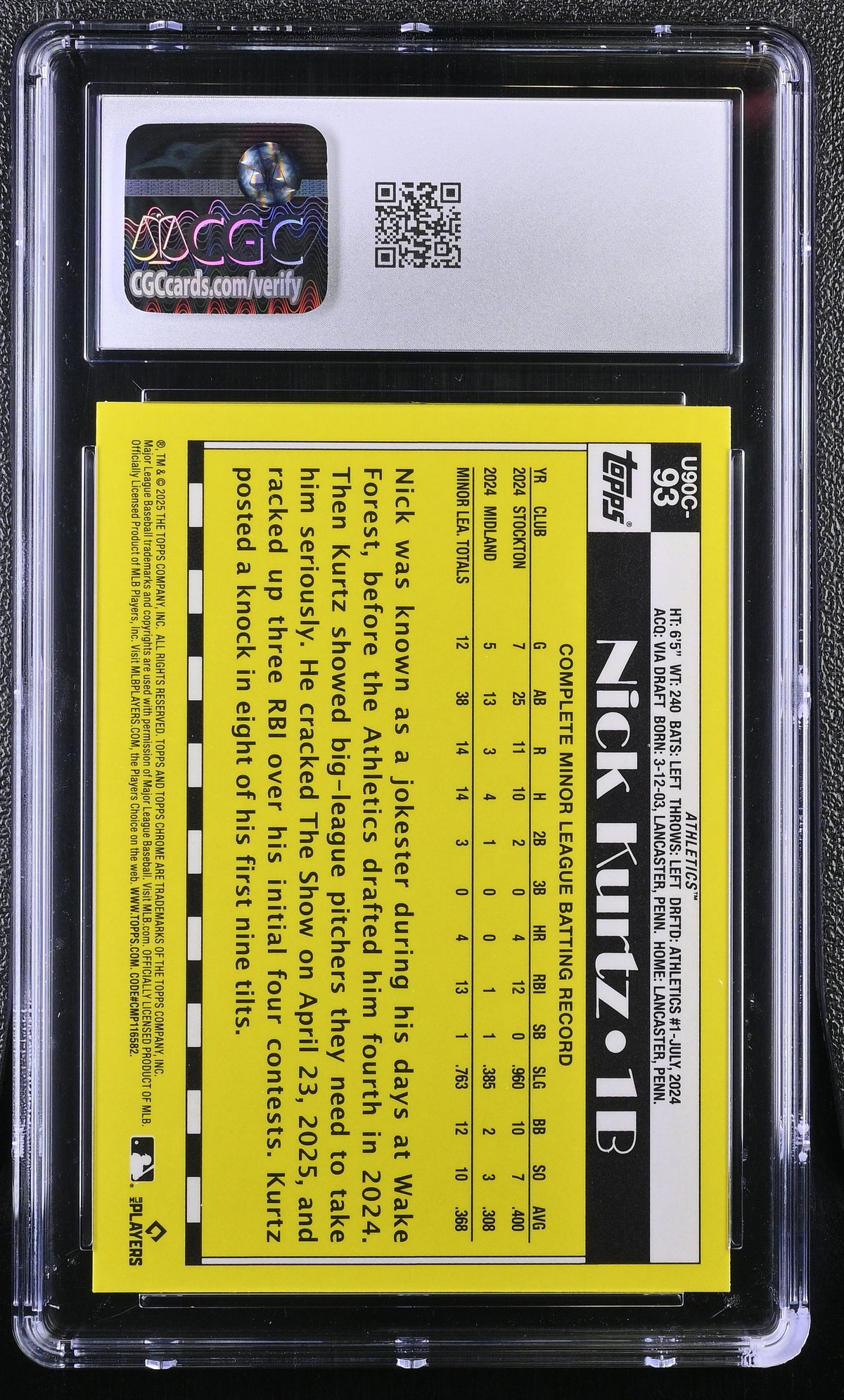 2025 Topps Update Nick Kurtz Rookie '90 Silver Pack #U90C-93 CGC 9.5 Athletics