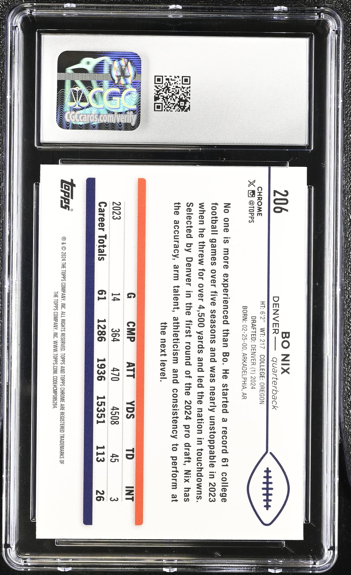 2024 Topps Chrome Sapphire Bo Nix Rookie #206 CGC 10 Denver Broncos