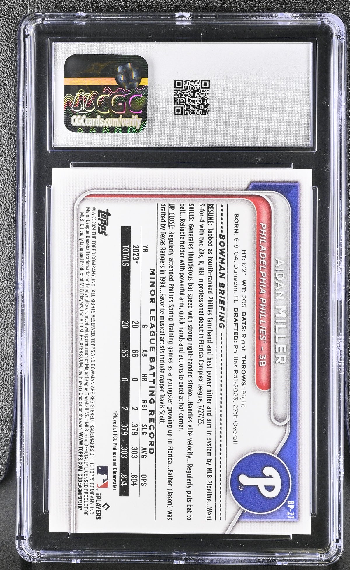 2024 Bowman Aidan Miller #BP-27 Prospects CGC 10