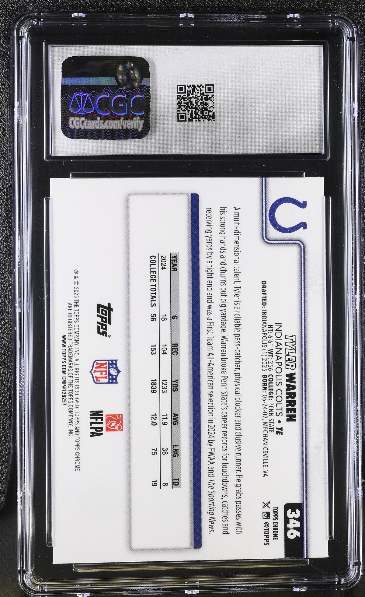 2025 Topps Chrome Tyler Warren Hot Pink X-Fractor Rookie #346 CGC 9.5 Colts
