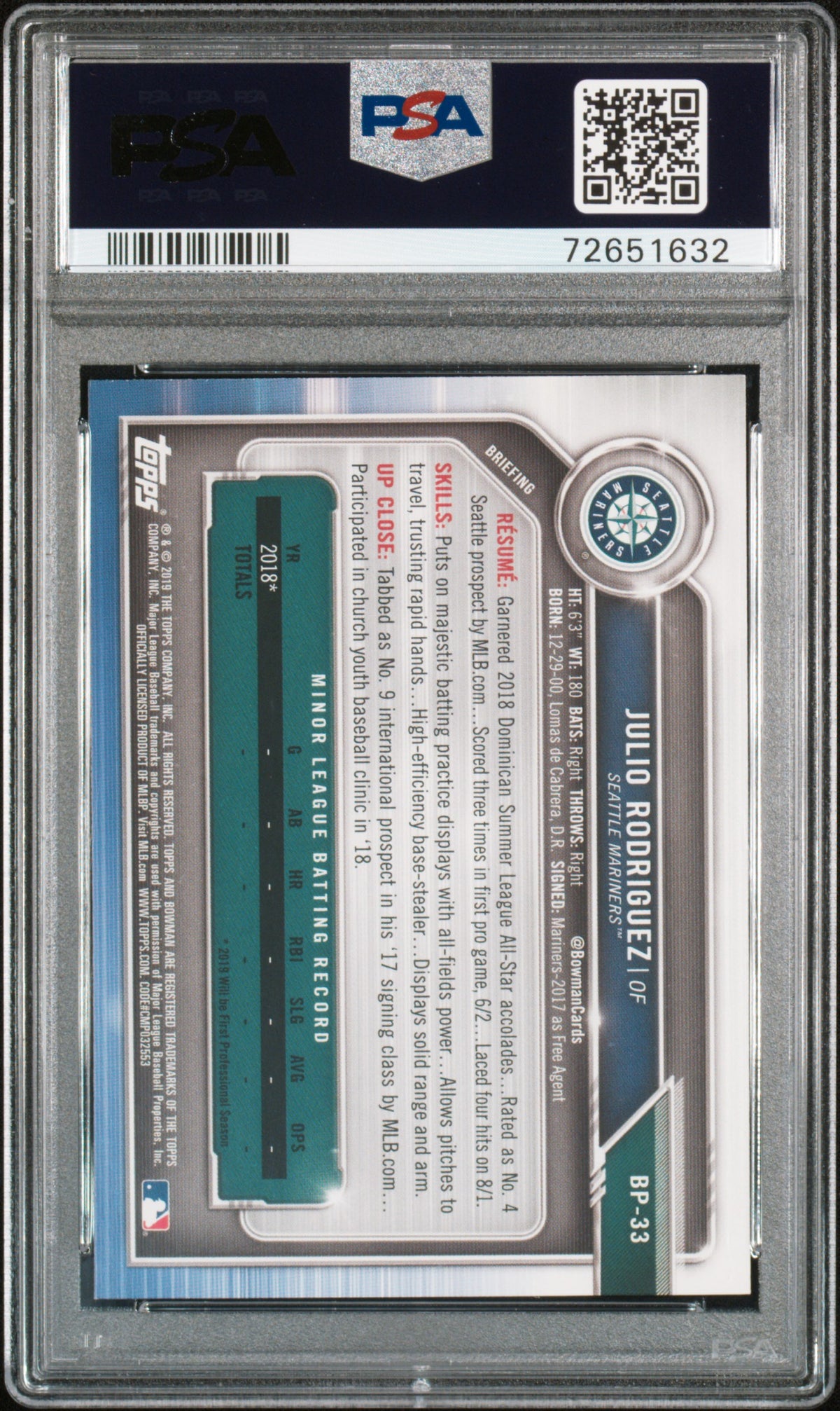 2019 Bowman Paper Prospects Julio Rodriguez Rookie #BP33 PSA 10 Seattle Mariners