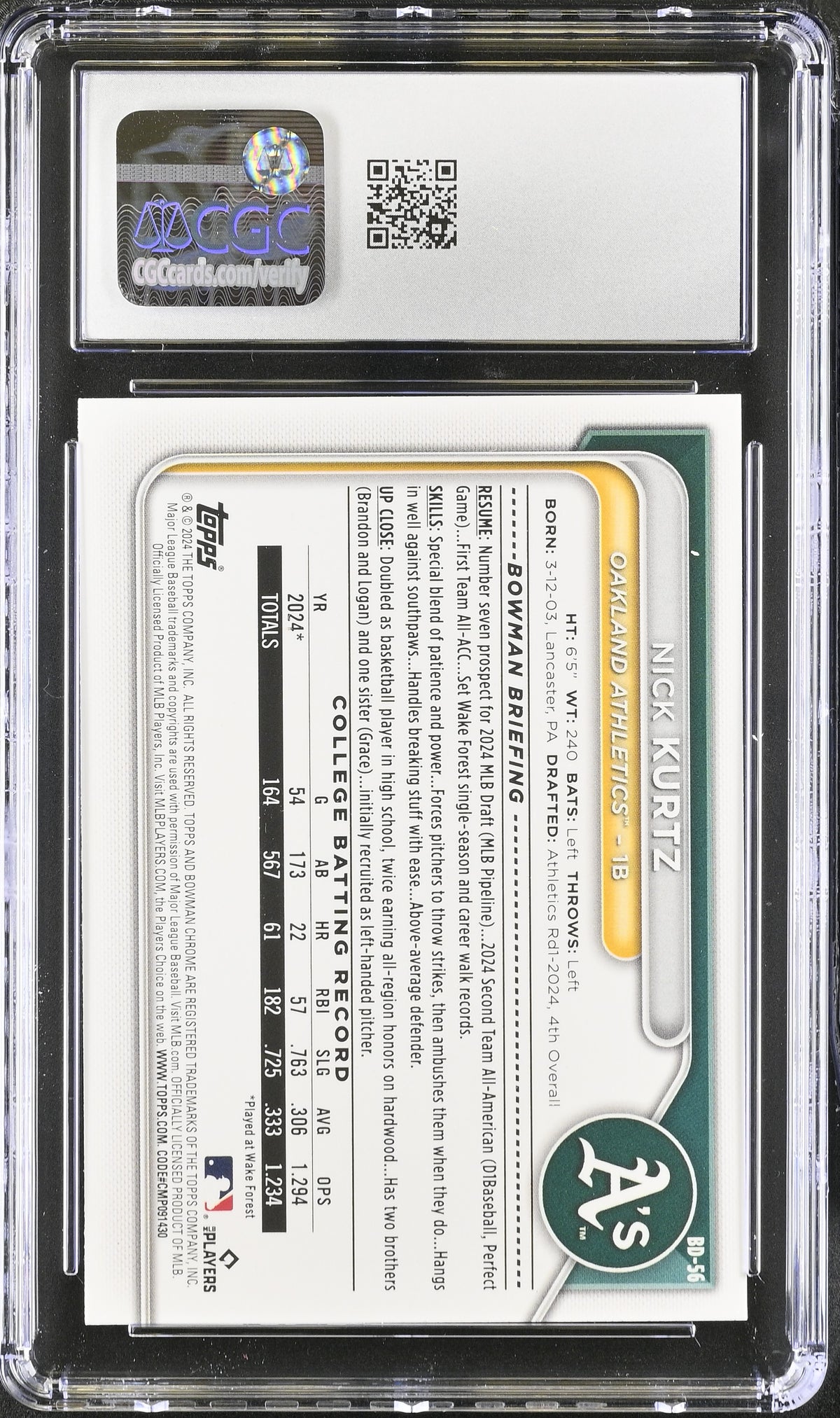 2024 Bowman Draft Nick Kurtz Rookie #BD-56 CGC 10 Oakland Athletics
