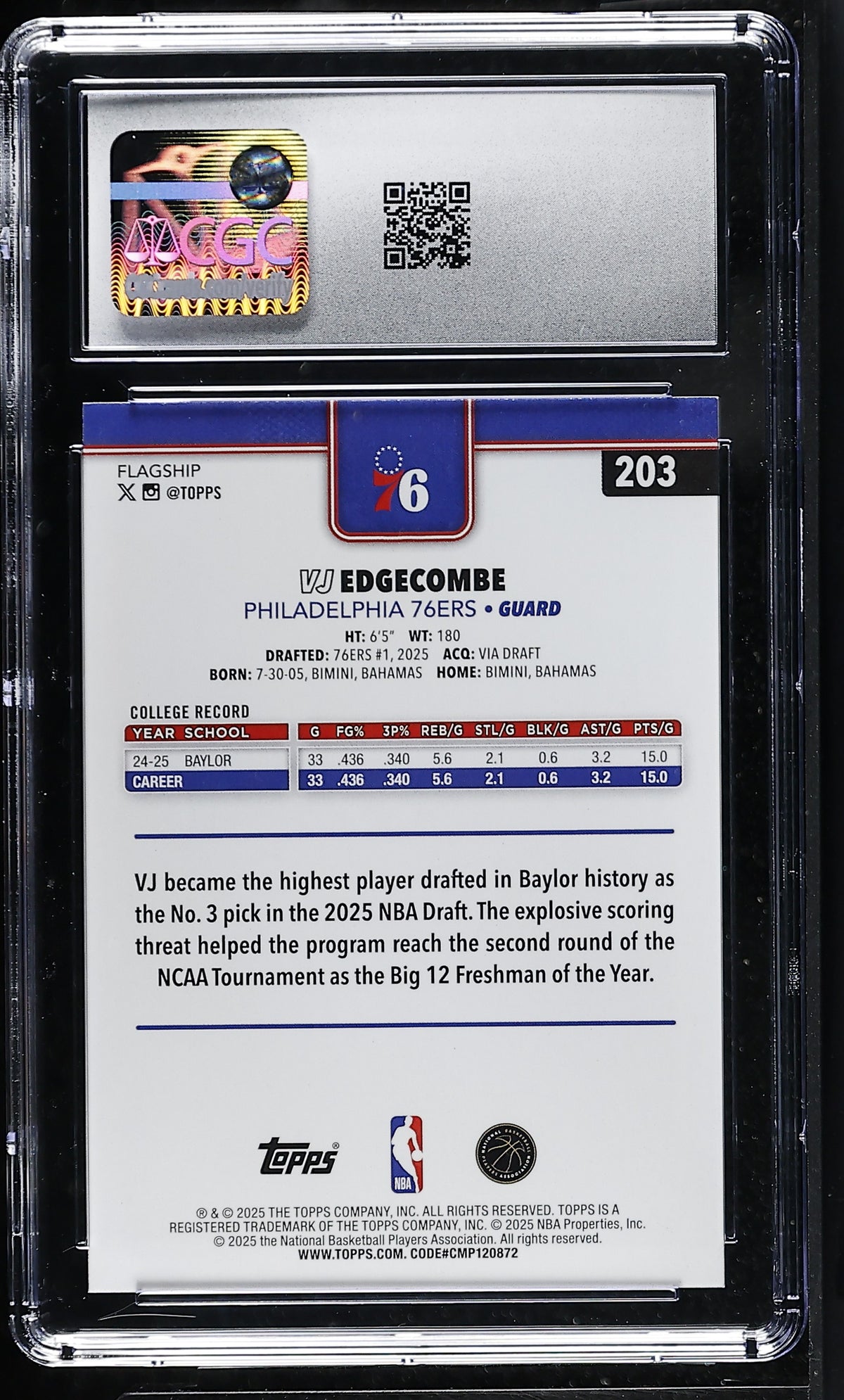 2025-26 Topps VJ Edgecombe Rookie #203 CGC 10 Philadelphia 76ers