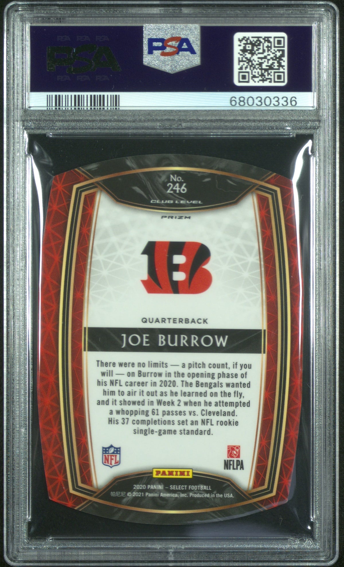 2020 Panini Select Joe Burrow Die Cut Tri Color Prizm Rookie #246 PSA 10 Bengals