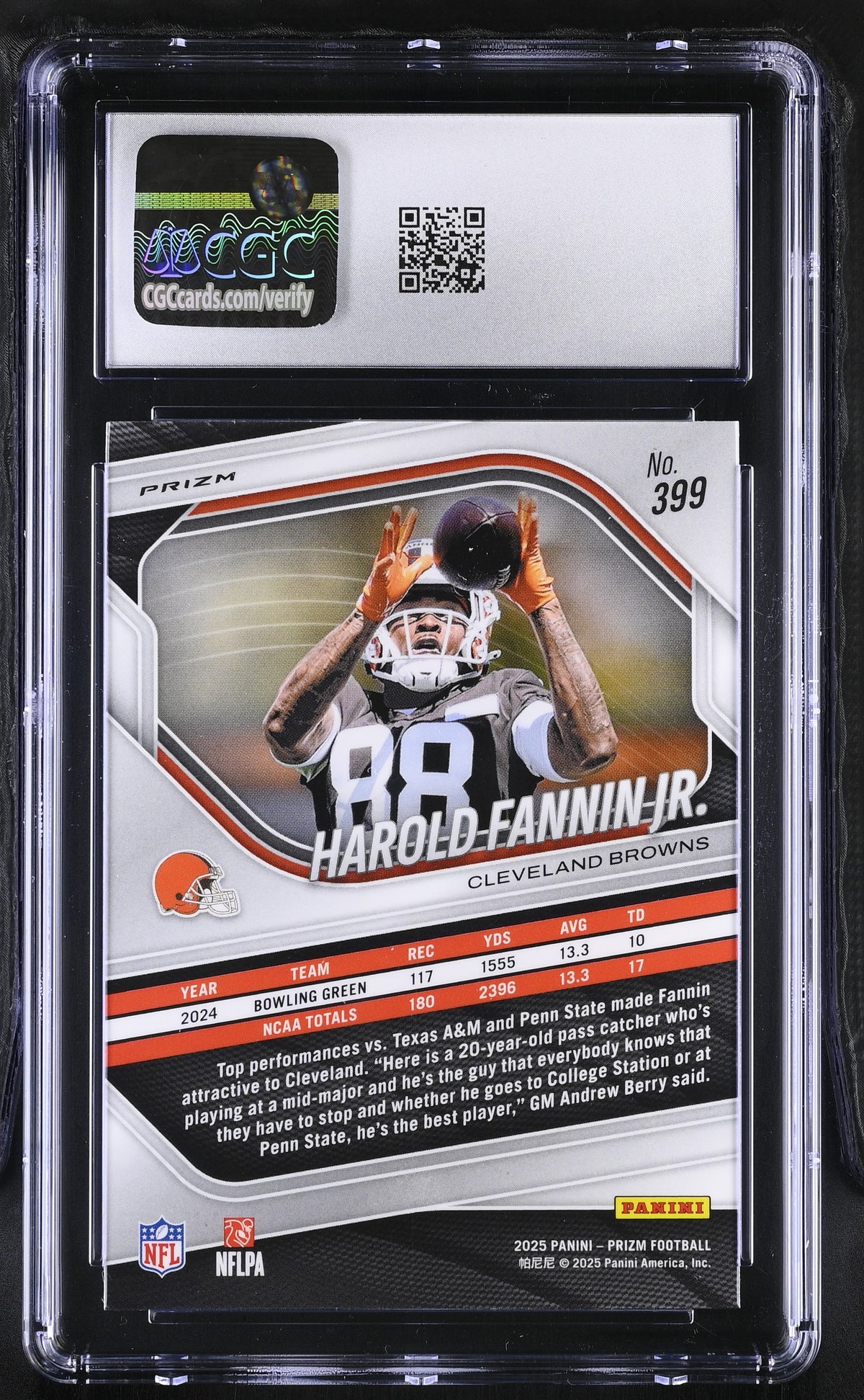 2025 Panini Prizm Harold Fannin Jr. Lazer Rookie #399 CGC 10 Cleveland Browns