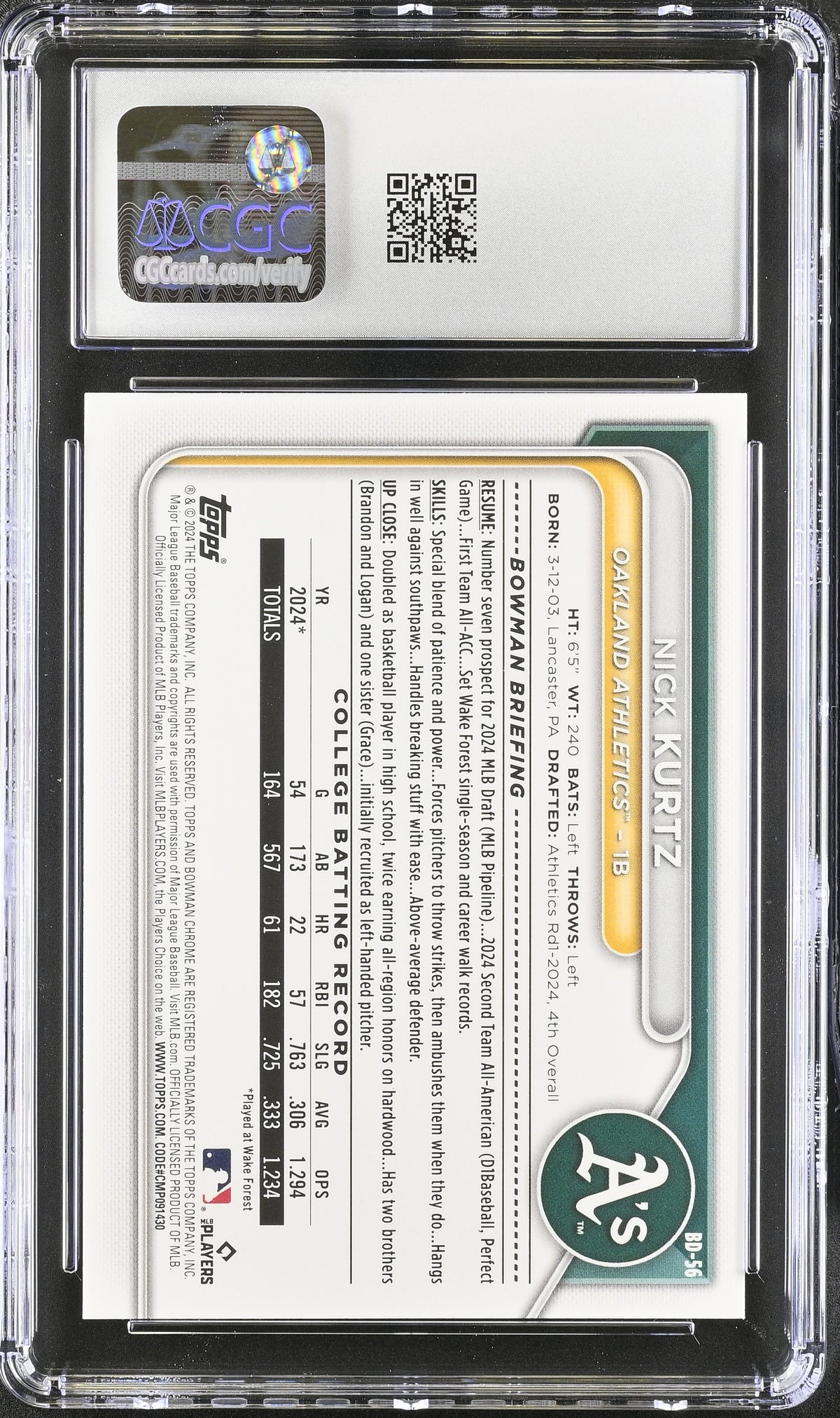 2024 Bowman Draft Nick Kurtz Rookie #BD-56 CGC 10 Oakland Athletics