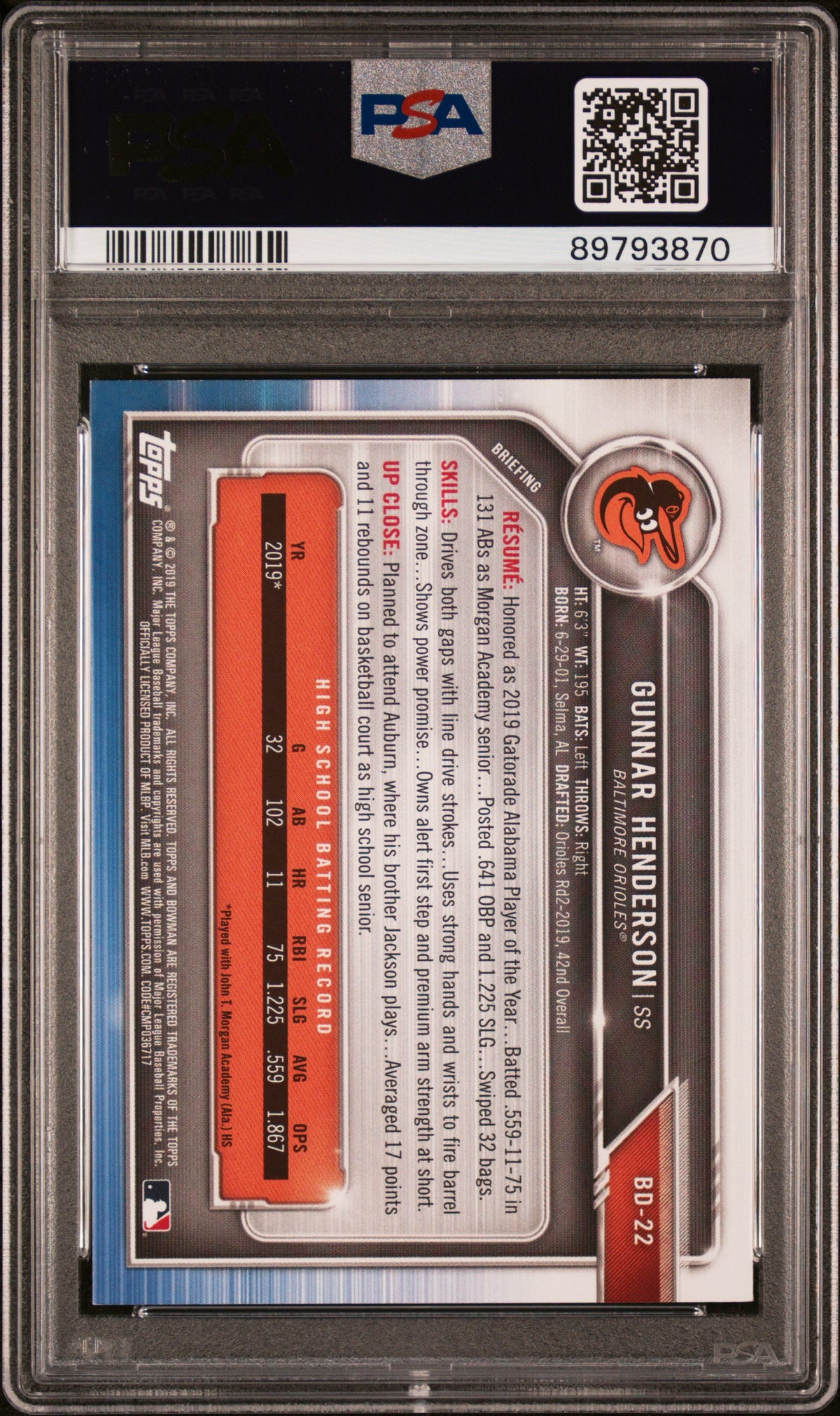 2019 Bowman Draft Gunnar Henderson Rookie #BD22 PSA 8 Baltimore Orioles