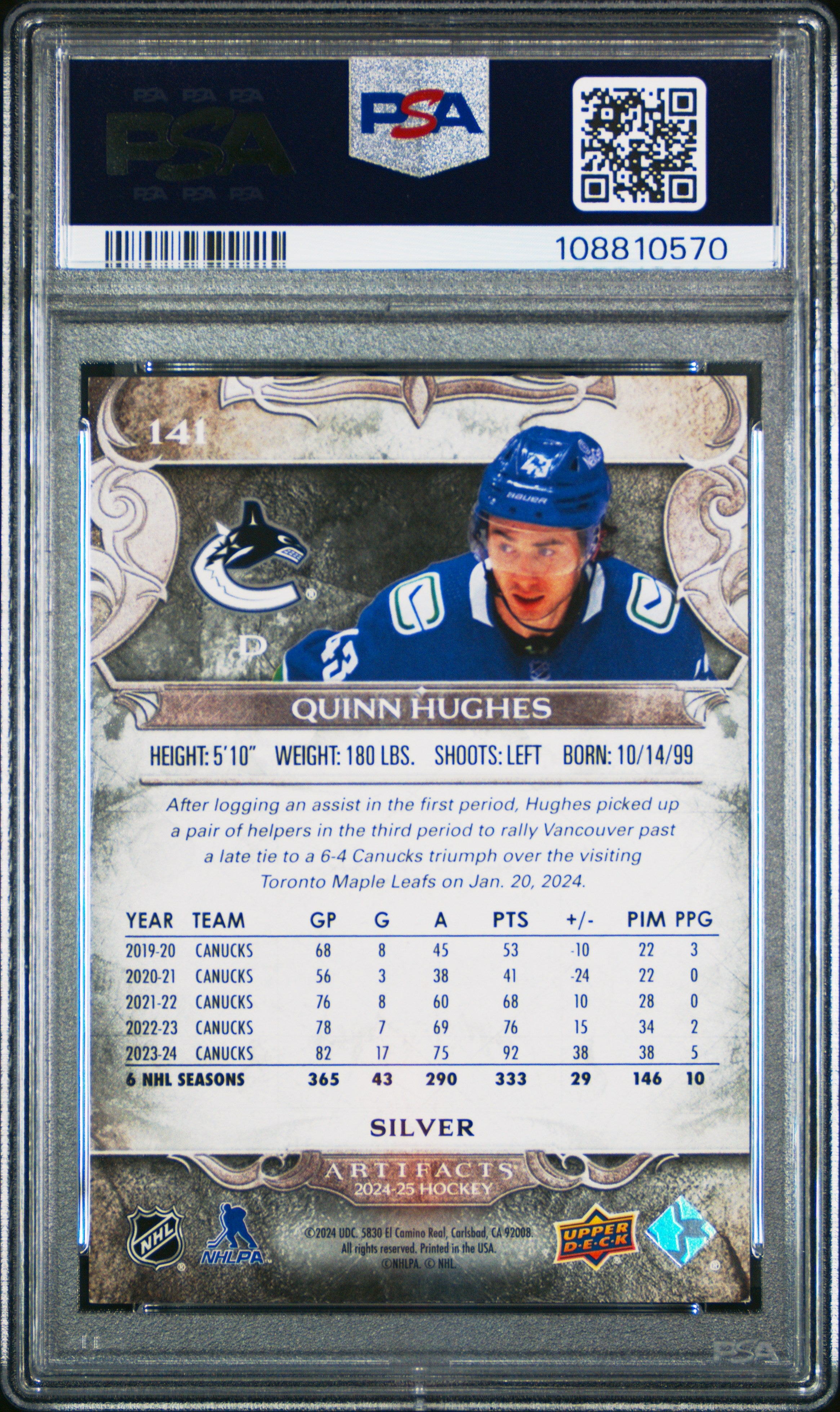 2024 Upper Deck Artifacts Quinn Hughes #141 PSA 8