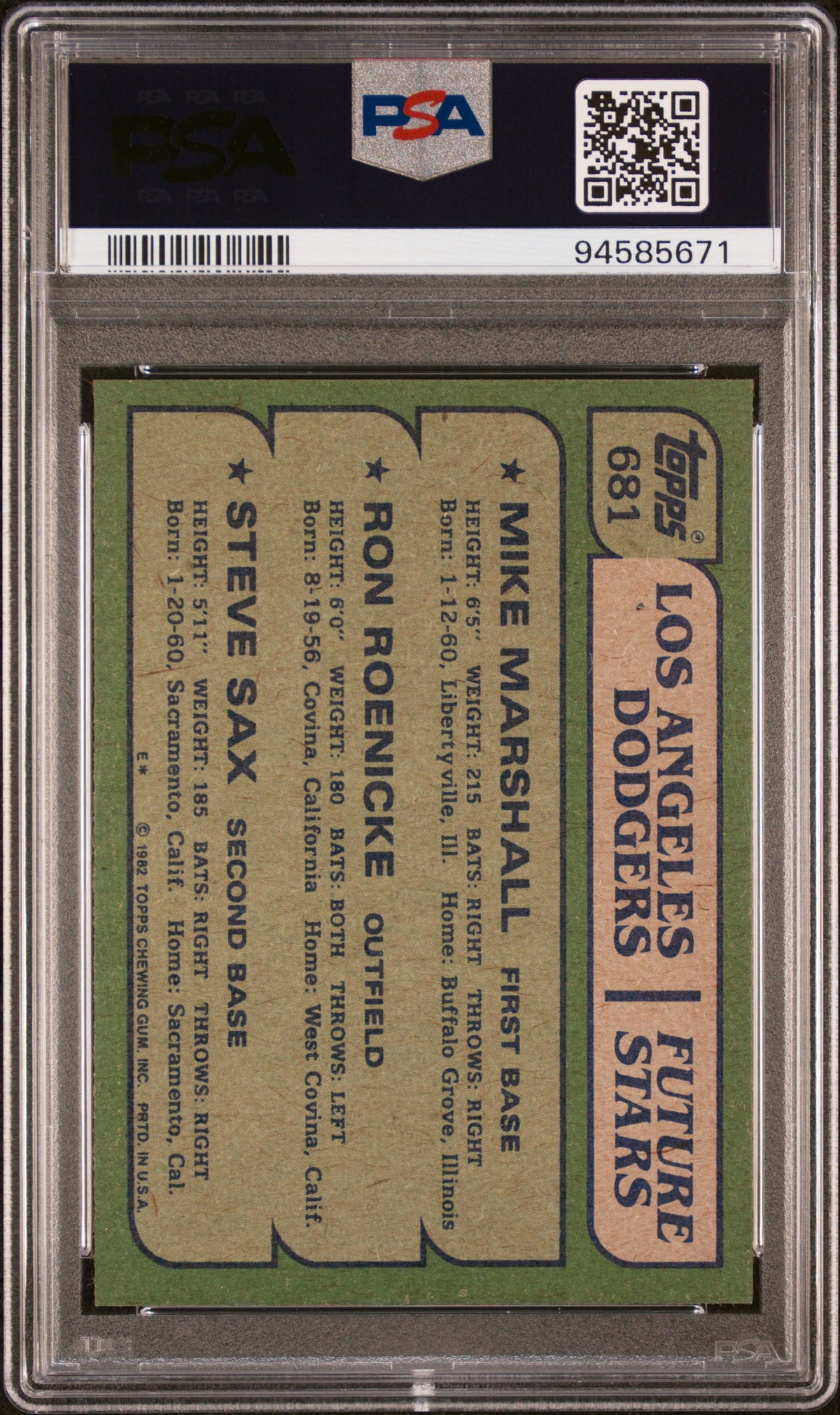 1982 Topps Dodgers Future Star #681 Marshall Roenicke Sax PSA 9