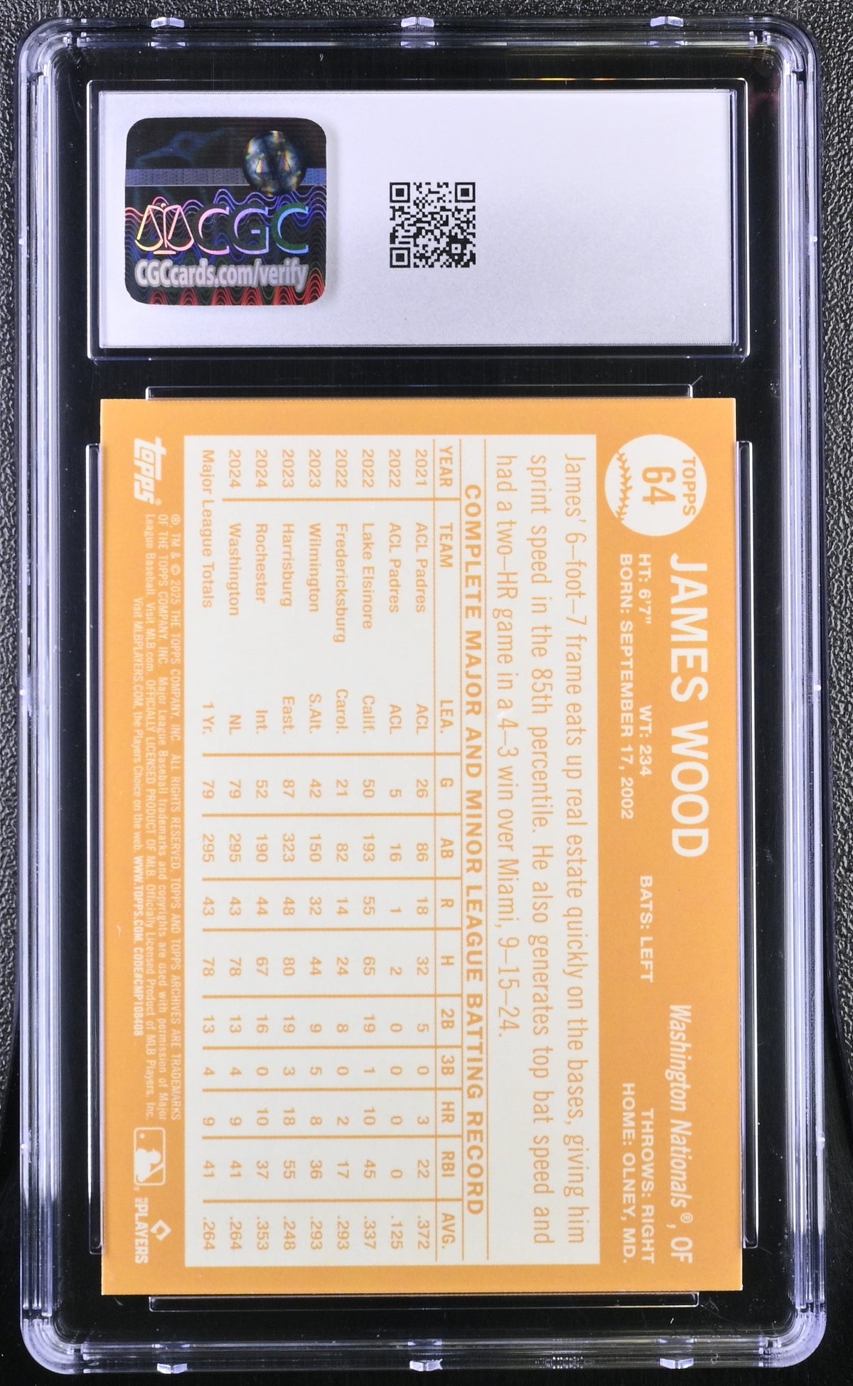 2025 Topps Archives James Wood Pink Foilboard Rookie #64 CGC 9.5 Nationals