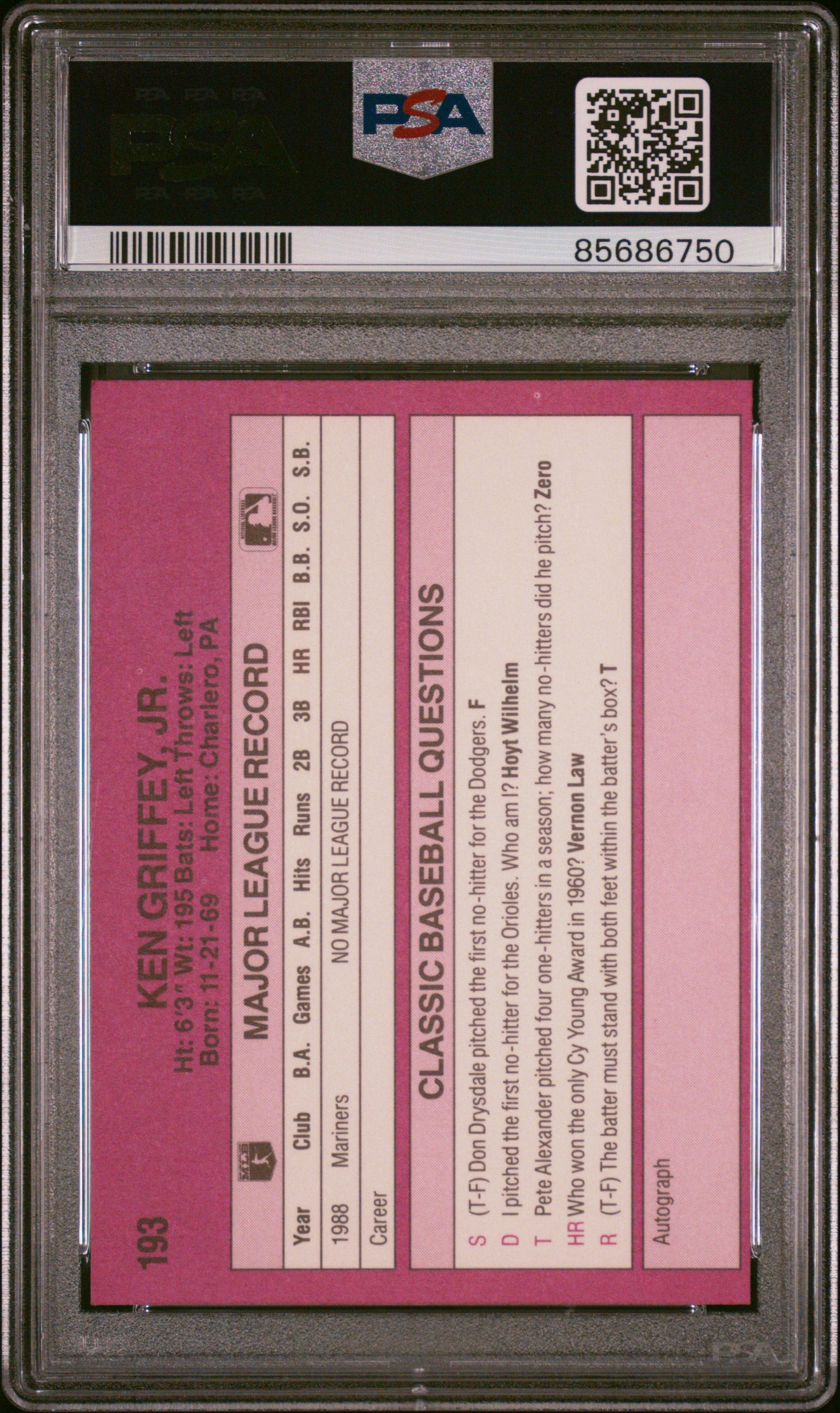 1989 Classic Travel Update II Ken Griffey JR. #193 PSA 8