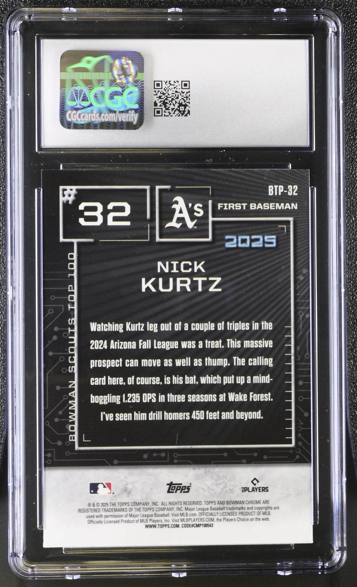 2025 Bowman Nick Kurtz Mini-Diamond Refractor /150 Rookie Scouts Top 100 CGC 9