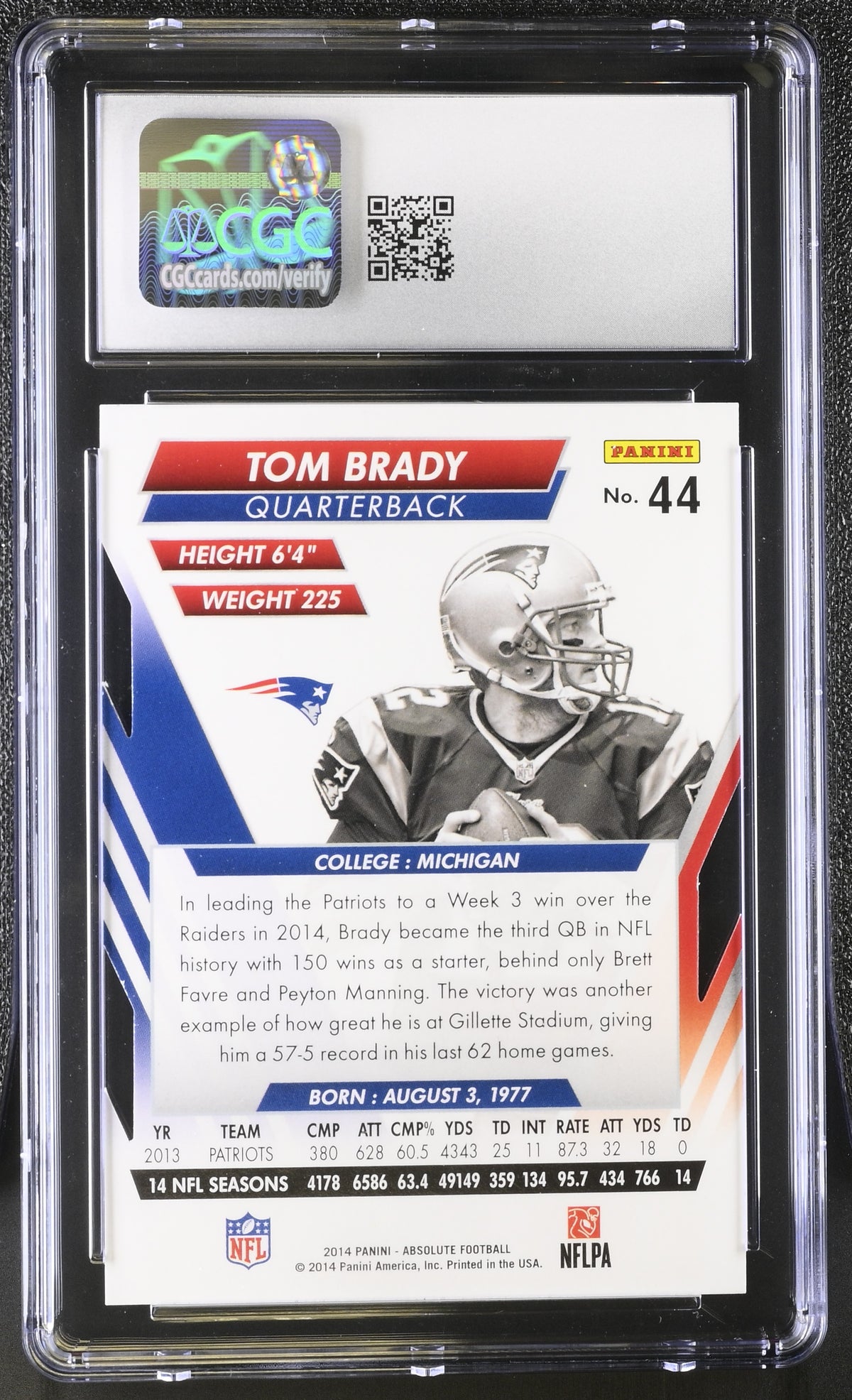 2014 Panini Absolute Tom Brady #44 CGC 9 New England Patriots
