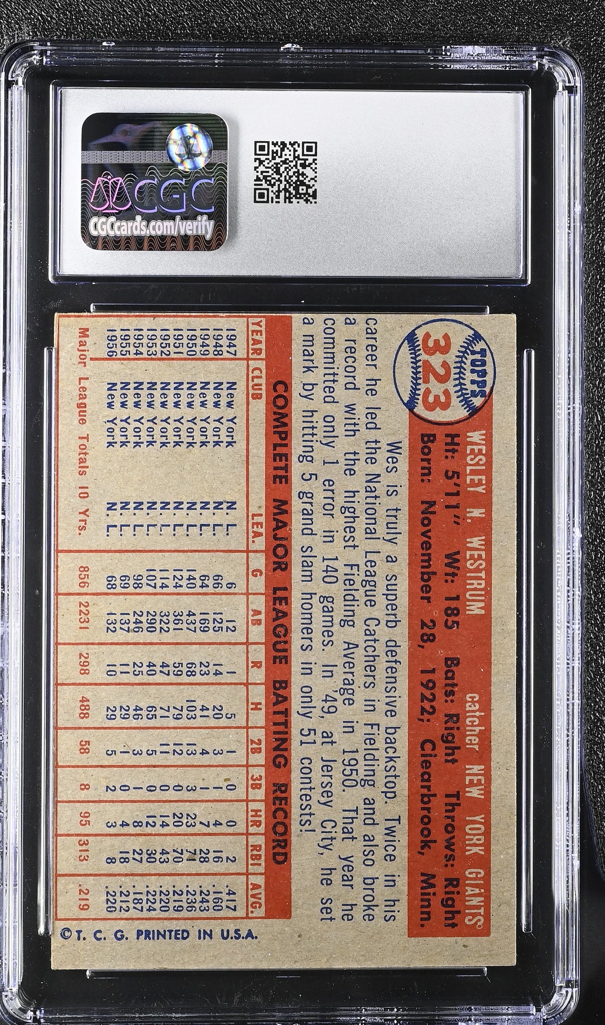 1957 Topps Wes Westrum #323 CGC 5.5 New York Giants