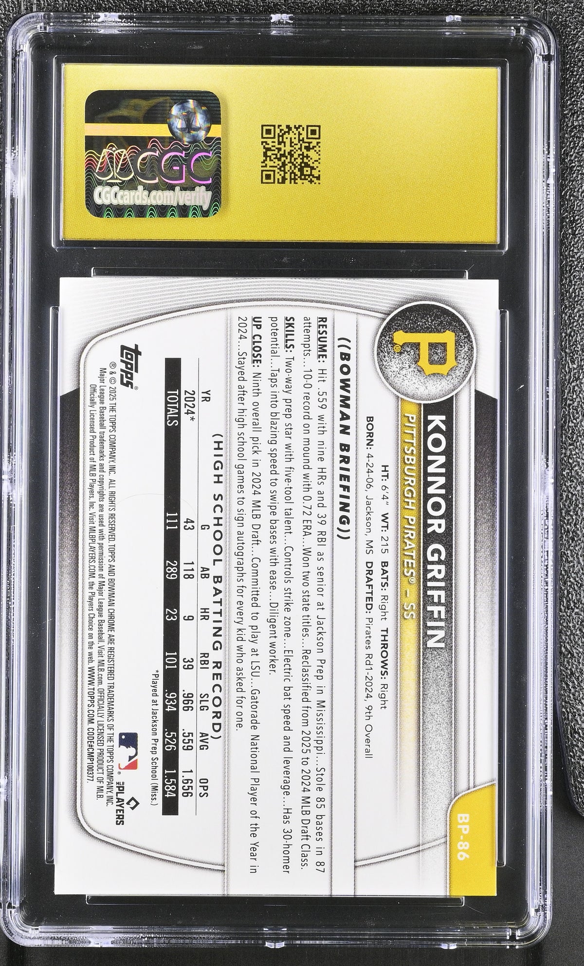 2025 Bowman Konnor Griffin Rookie Prospects #BP-86 CGC 10 Pristine Pirates