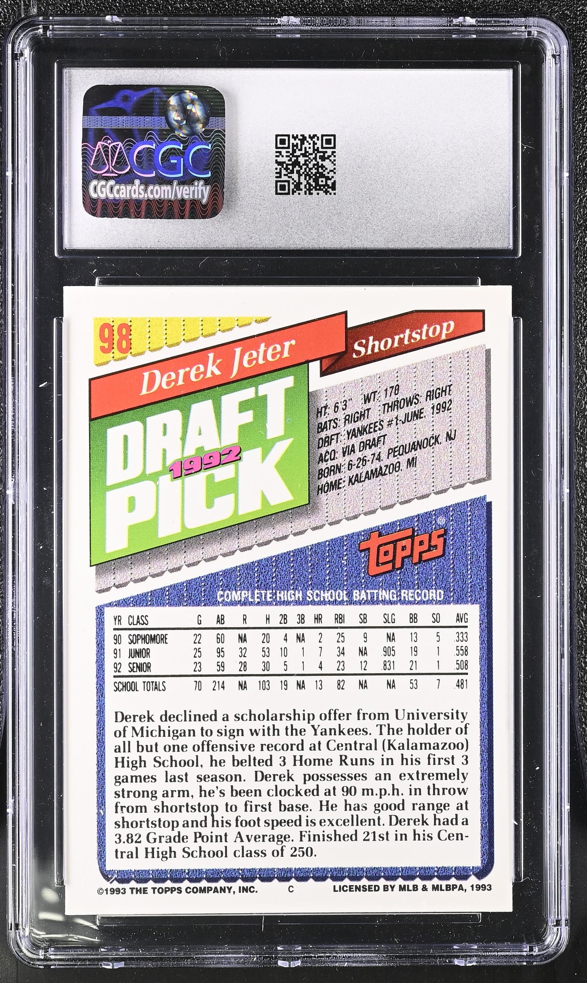 1993 Topps Derek Jeter Rookie #98 CGC 9 New York Yankees