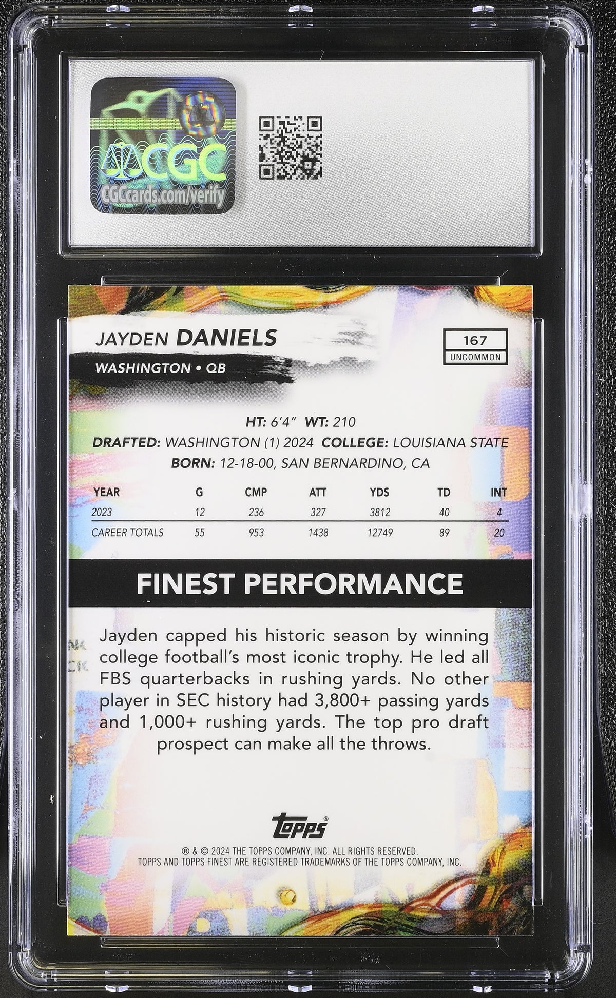 2024 Topps Finest Jayden Daniels Rookie #167 CGC 10 Washington Commanders