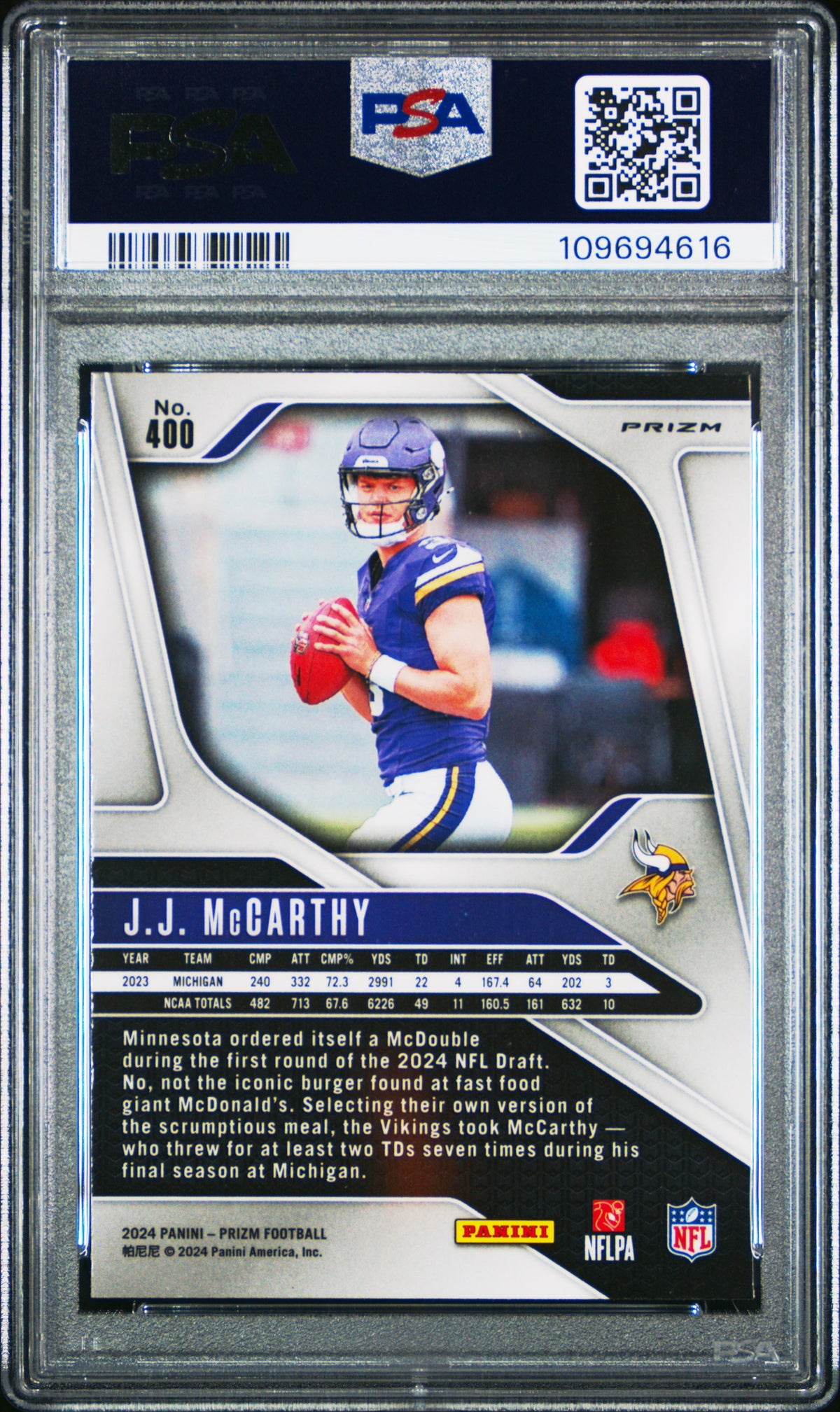 2024 Panini Prizm JJ Mccarthy Silver Rookie #400 PSA 10 Minnesota Vikings