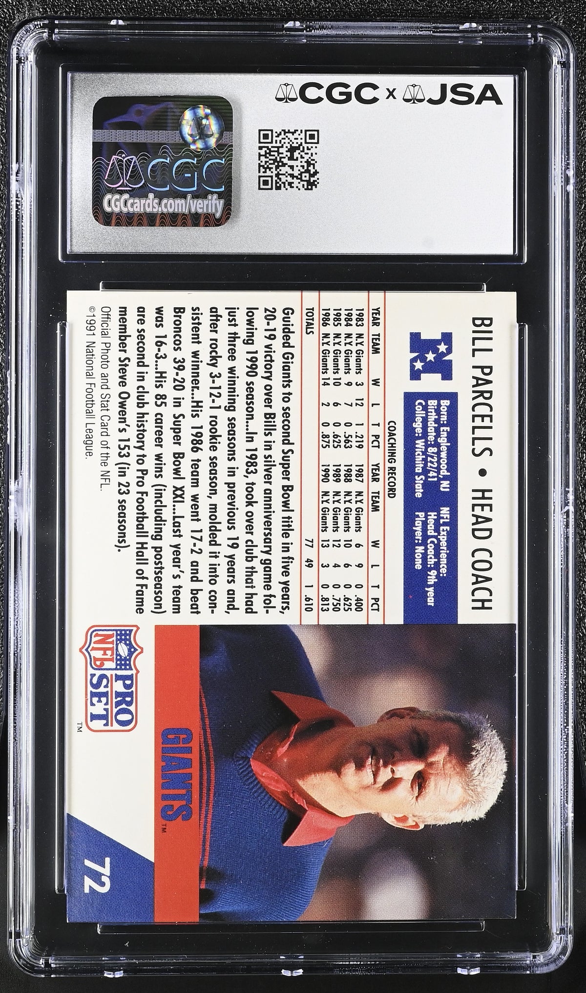 1991 Pro Set Bill Parcells Auto Autograph #72 CGC 7 JSA Buffalo Bills