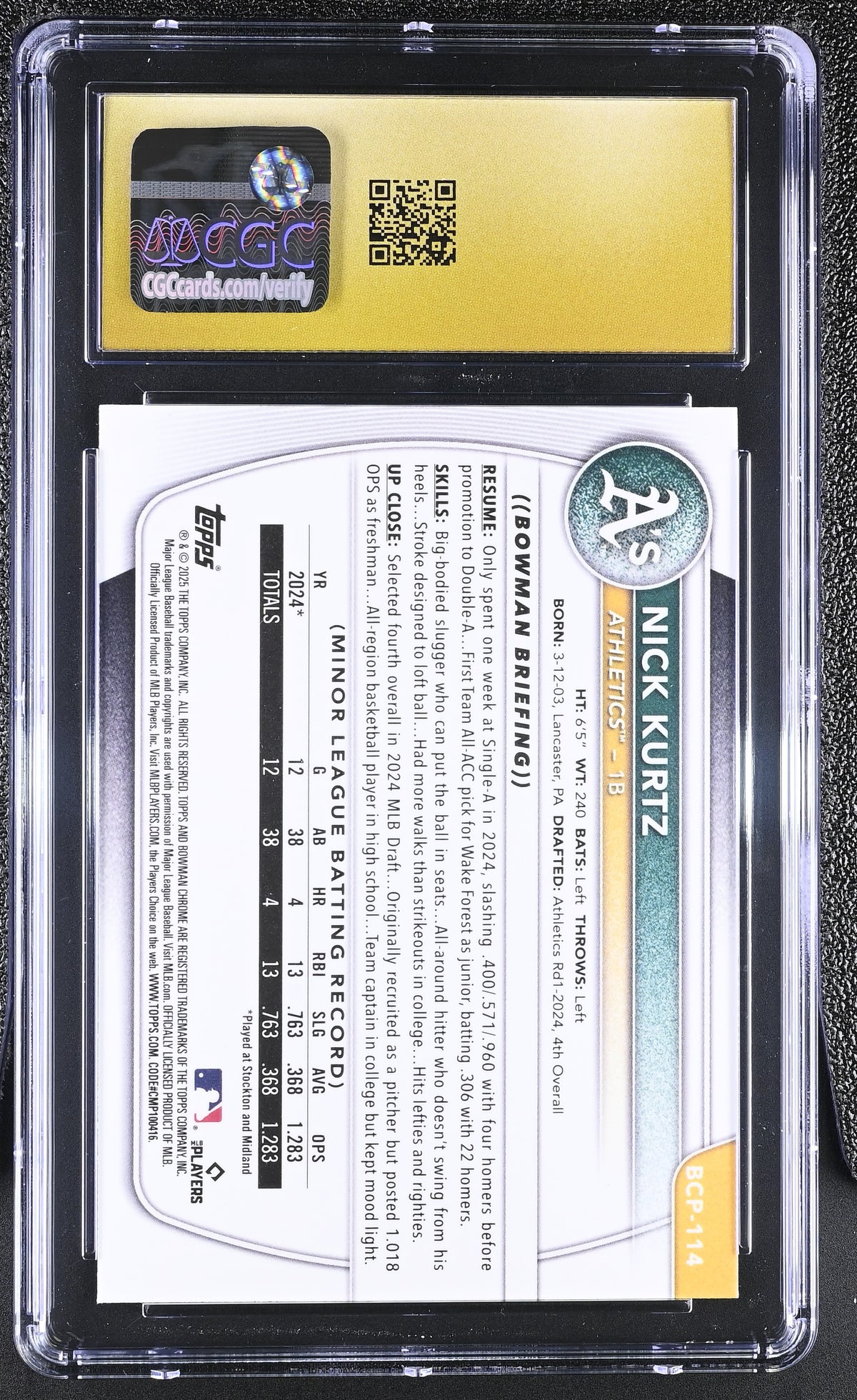 2025 Bowman Nick Kurtz Reptilian Refractor Rookie Chrome BCP-114 CGC 10 Pristine