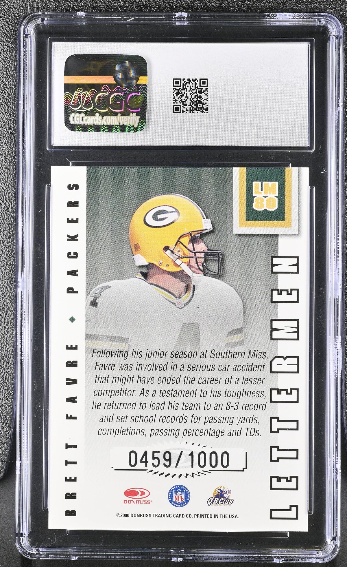 2000 Donruss Preferred Brett Favre /1000 Lettermen #LM80 CGC 10 Packers