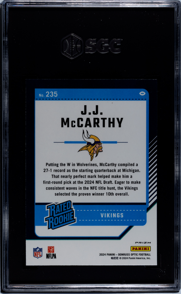 2024 Donruss Optic JJ Mccarthy Holo Prizm Rookie #235 SGC 10 Minnesota Vikings