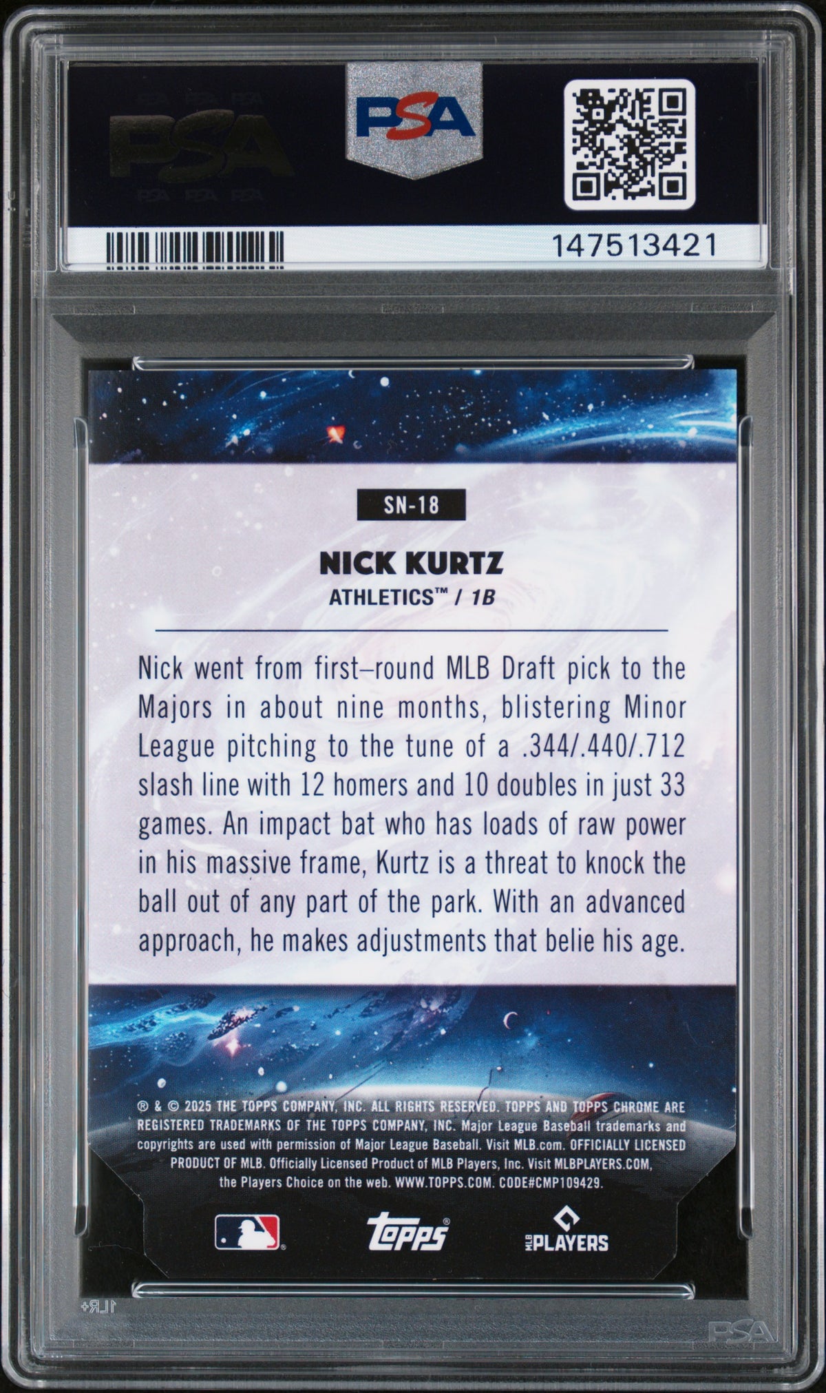 2025 Topps Cosmic Chrome Stella Nova Nick Kurtz Rookie #18 PSA 9 Athletics
