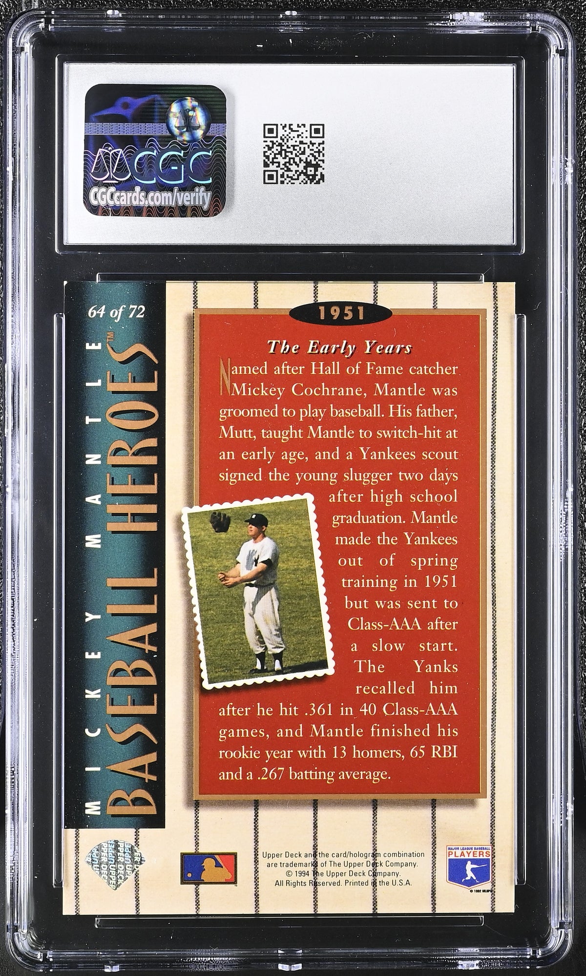 1994 Upper Deck Mickey Mantle Baseball Heroes #64 CGC 9 New York Yankees