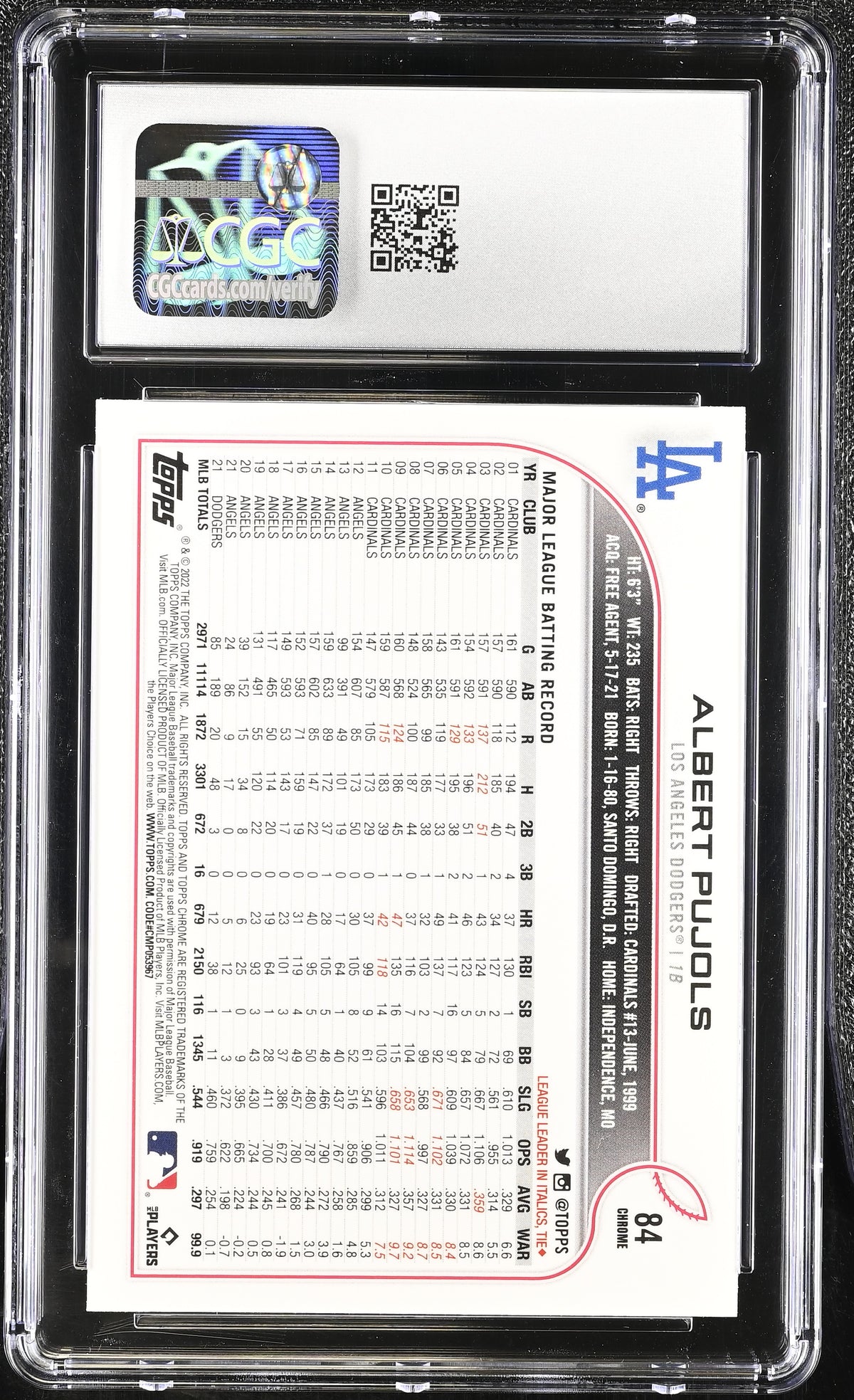 2022 Topps Chrome Albert Pujols Prism Refractor #84 CGC 10 Los Angeles Dodgers