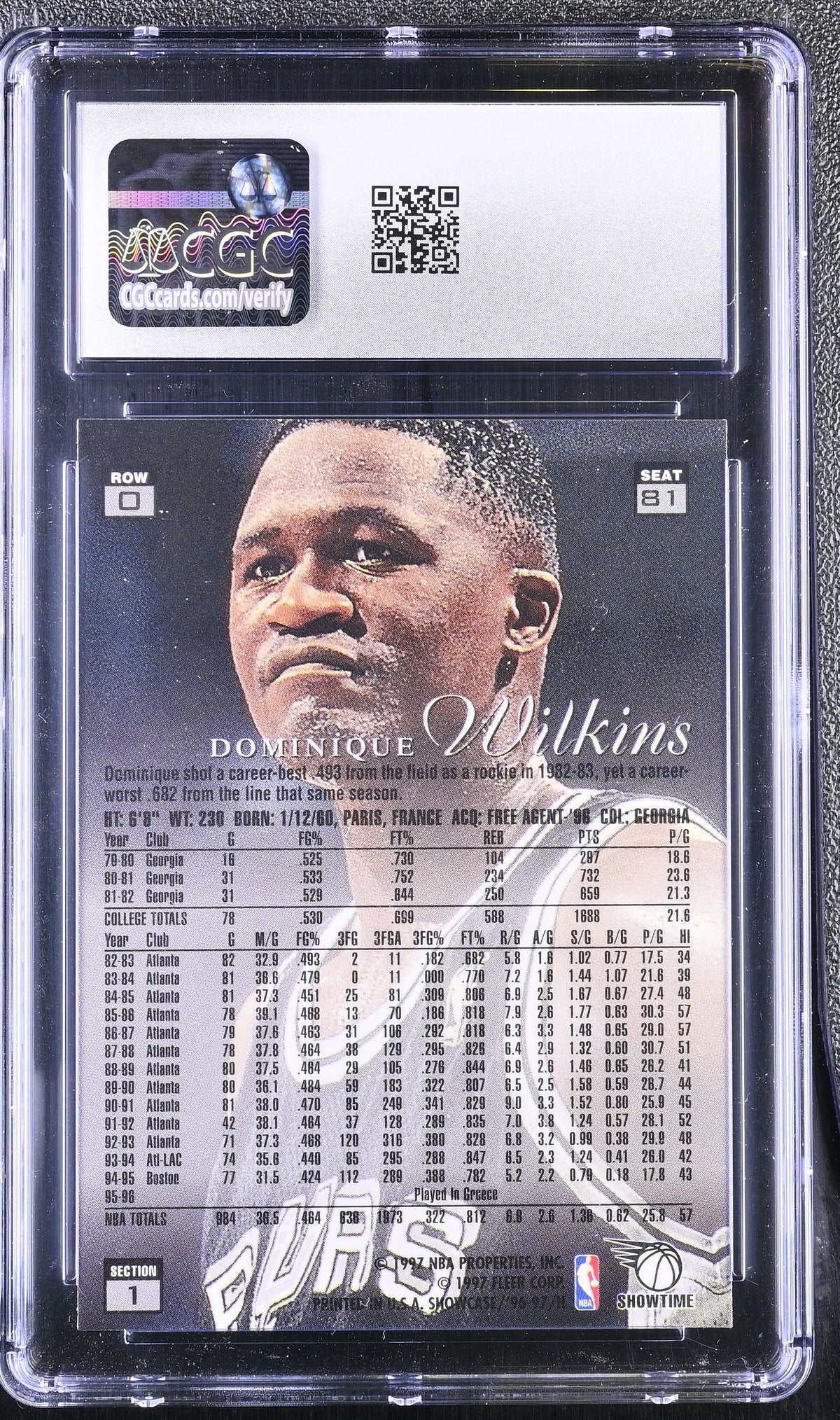 1996-97 Flair Showcase Dominique Wilkins Row 0 #81 CGC 9 San Antonio Spurs