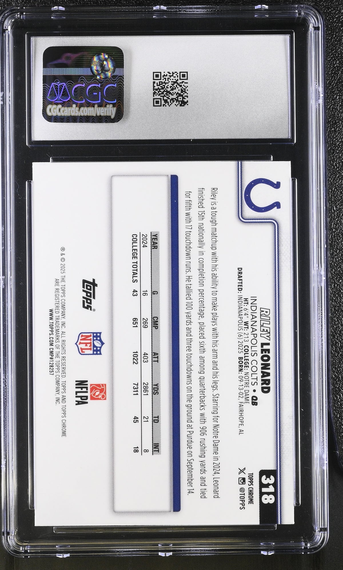 2025 Topps Chrome Riley Leonard Hot Pink X-Fractor Rookie #318 CGC 10 Colts