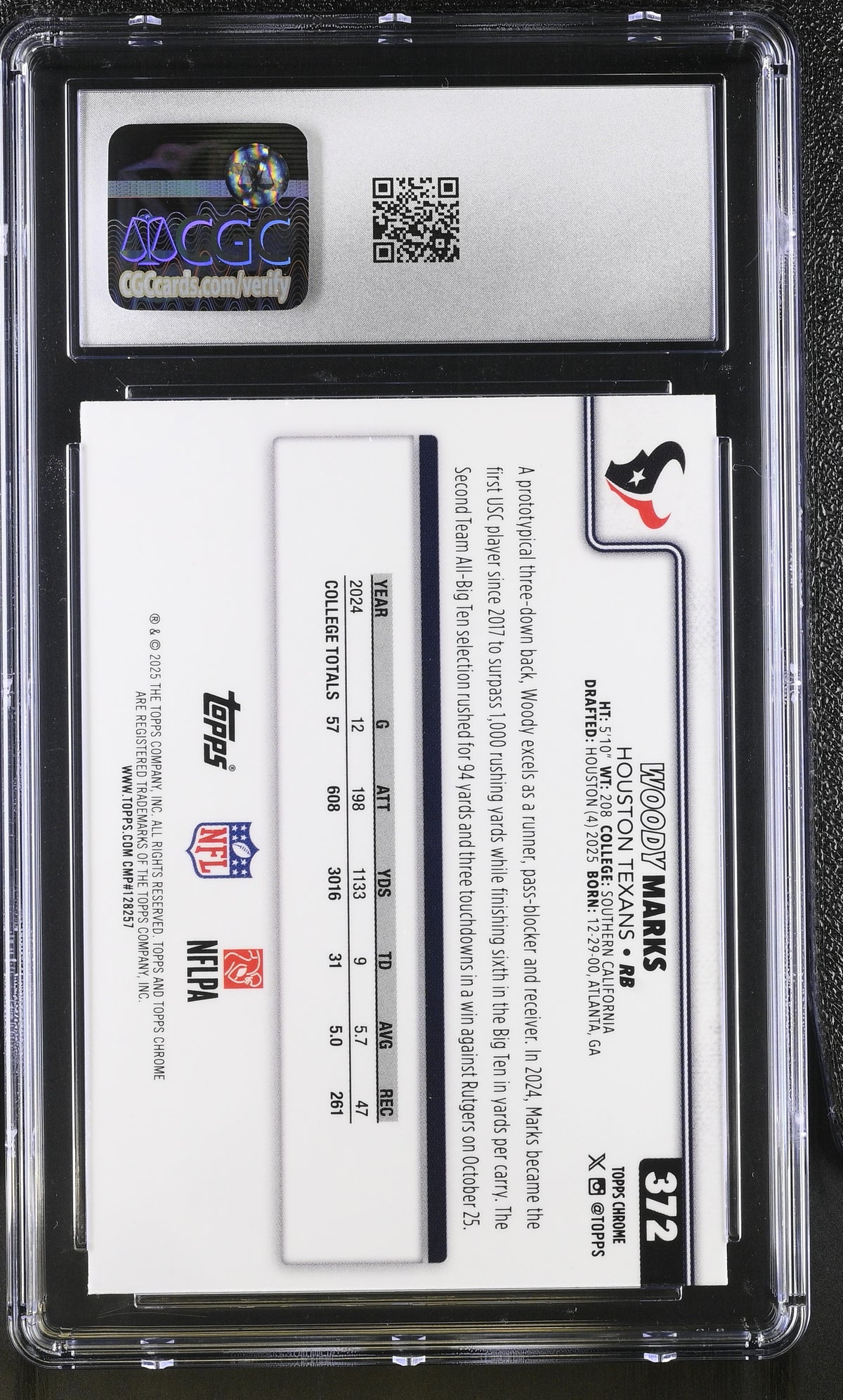 2025 Topps Chrome Woody Marks Hot Pink X-Fractor Rookie #372 CGC 9 Texans