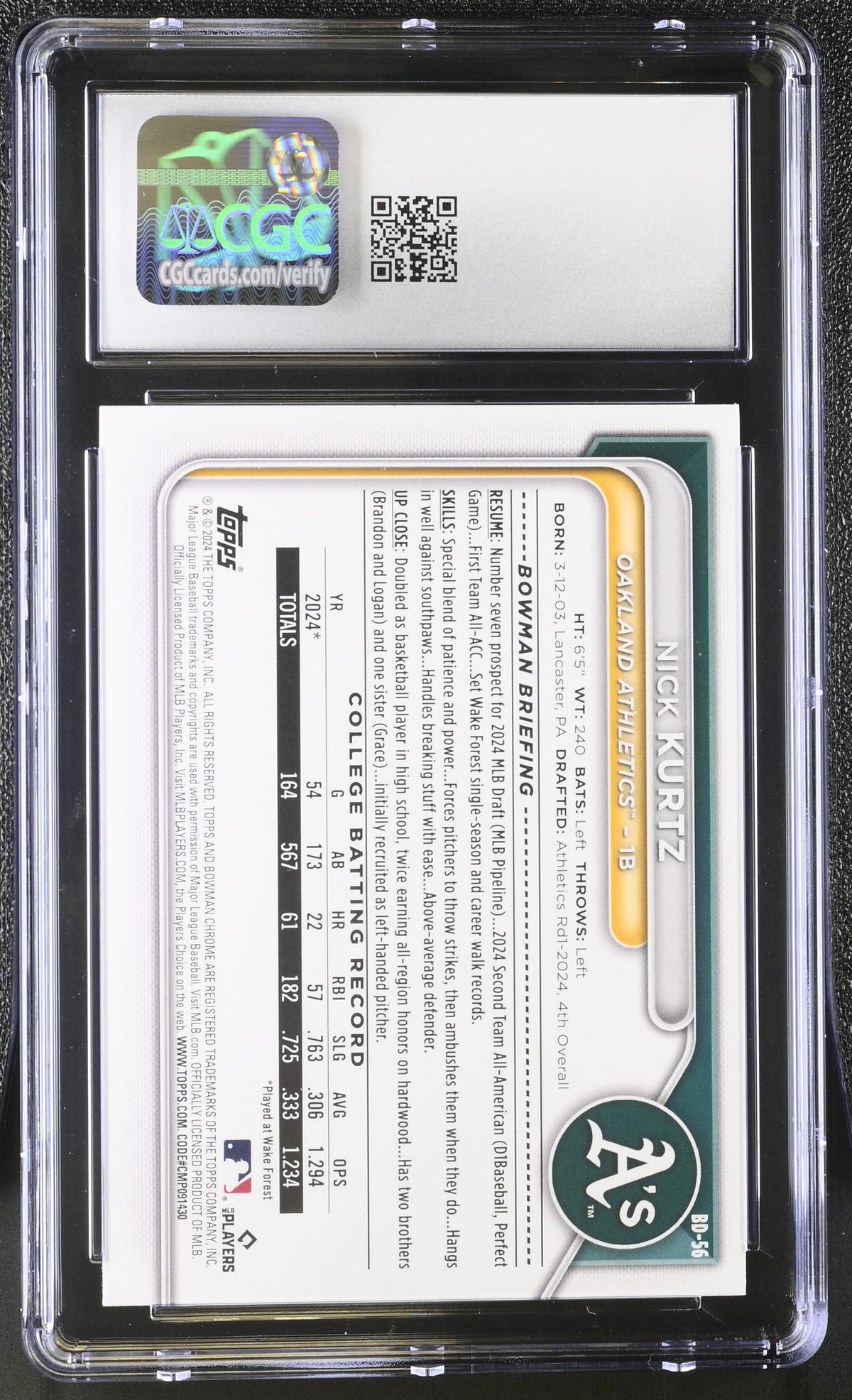 2024 Bowman Draft Nick Kurtz Rookie #BD-56 CGC 9 Oakland Athletics