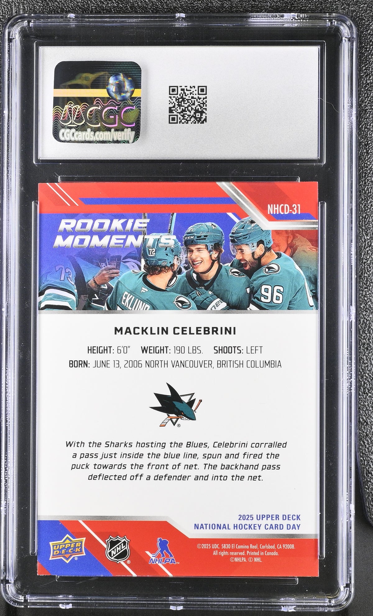 2025 UD Nat'l Hockey Card Day Macklin Celebrini Rookie #NHCD-31 CGC 10 Sharks