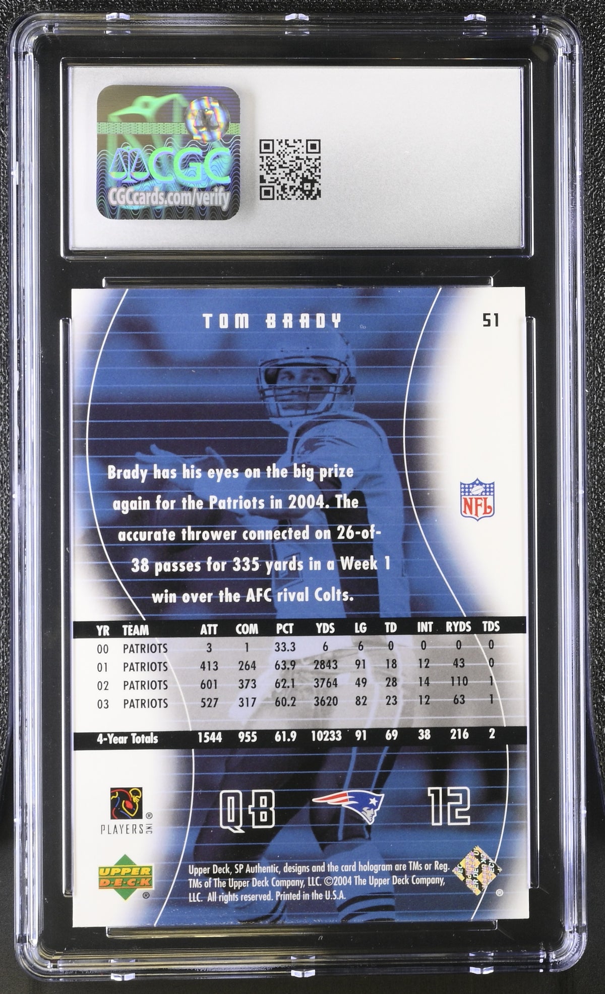 2004 SP Authentic Tom Brady #51 CGC 9 New England Patriots