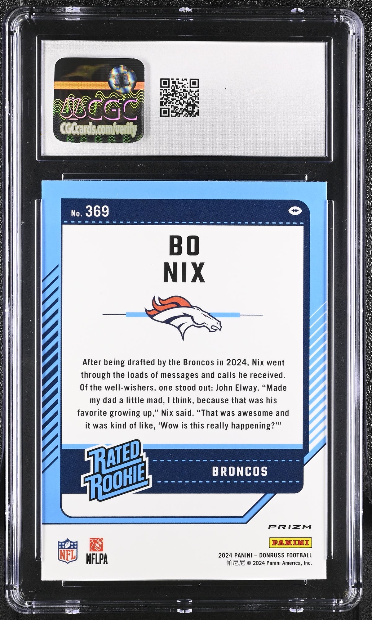 2024 Donruss Bo Nix Holo Rookie Optic Preview #369 CGC 10 Denver Broncos