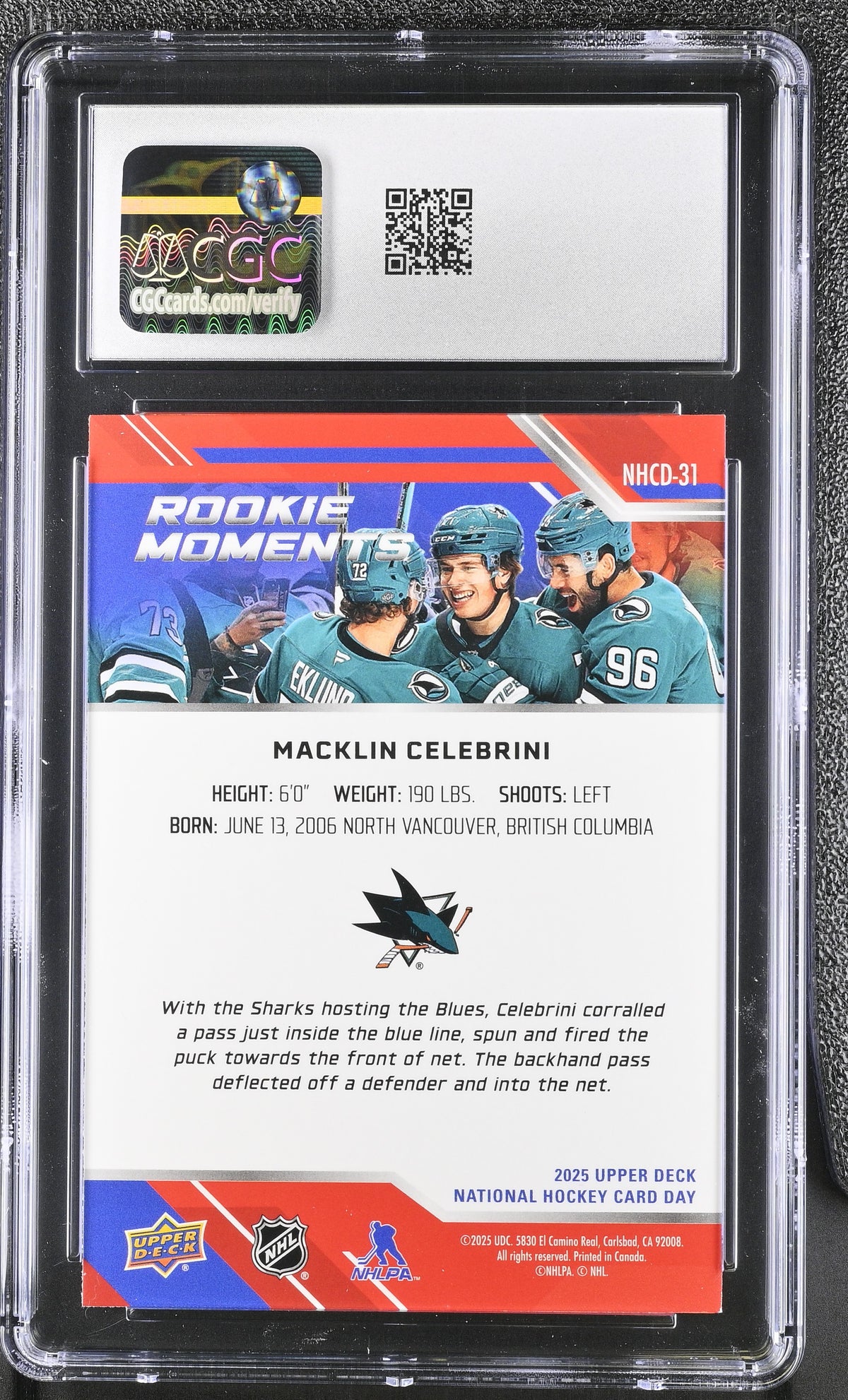 2025 UD Nat'l Hockey Card Day Macklin Celebrini #NHCD-31 CGC 10 San Jose Sharks