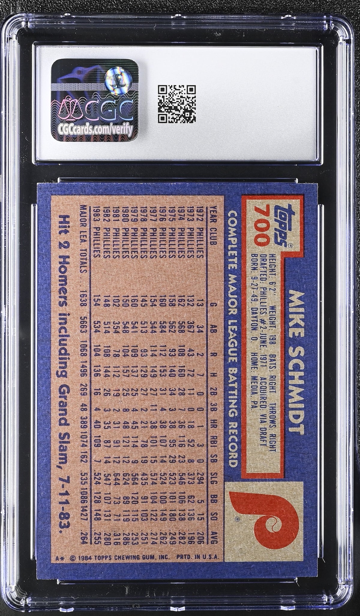 1984 Topps Mike Schmidt #700 CGC 9 Philadelphia Phillies