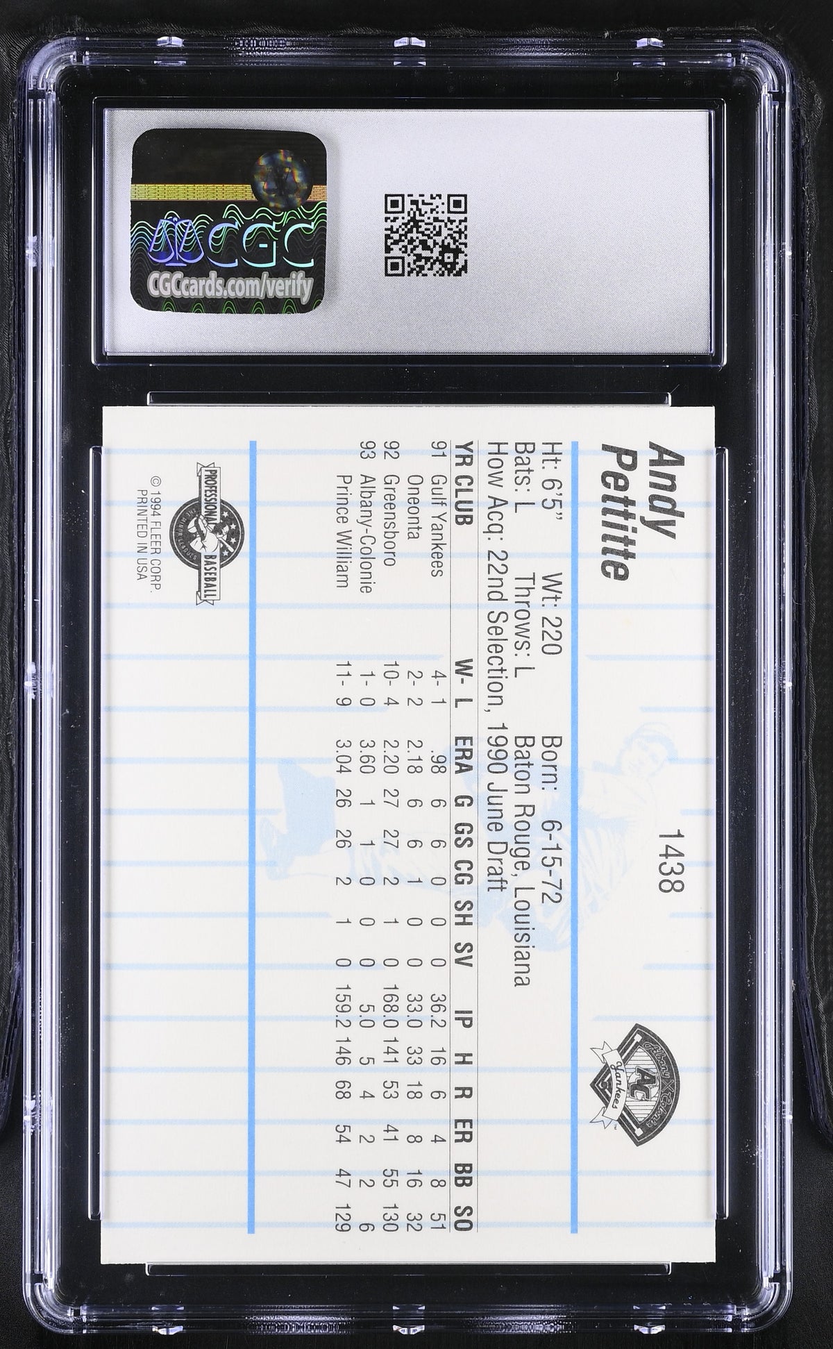 1994 Fleer Pro Cards Andy Pettitte Rookie Albany-Colonie Yankees #1438 CGC 10